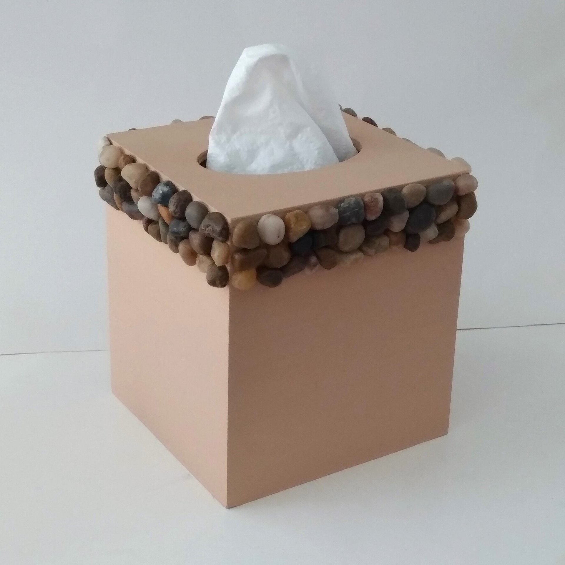 River Rock Tissue Box Cover - Handpainted beige with natural stone pebbles