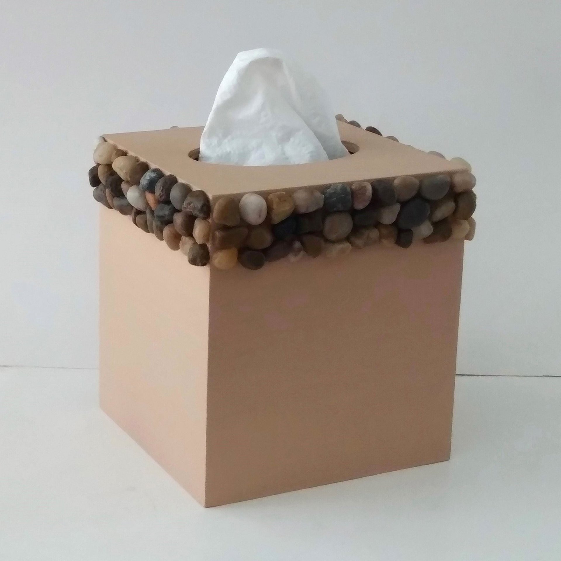 River Rock Tissue Box Cover - Handpainted beige with natural stone pebbles