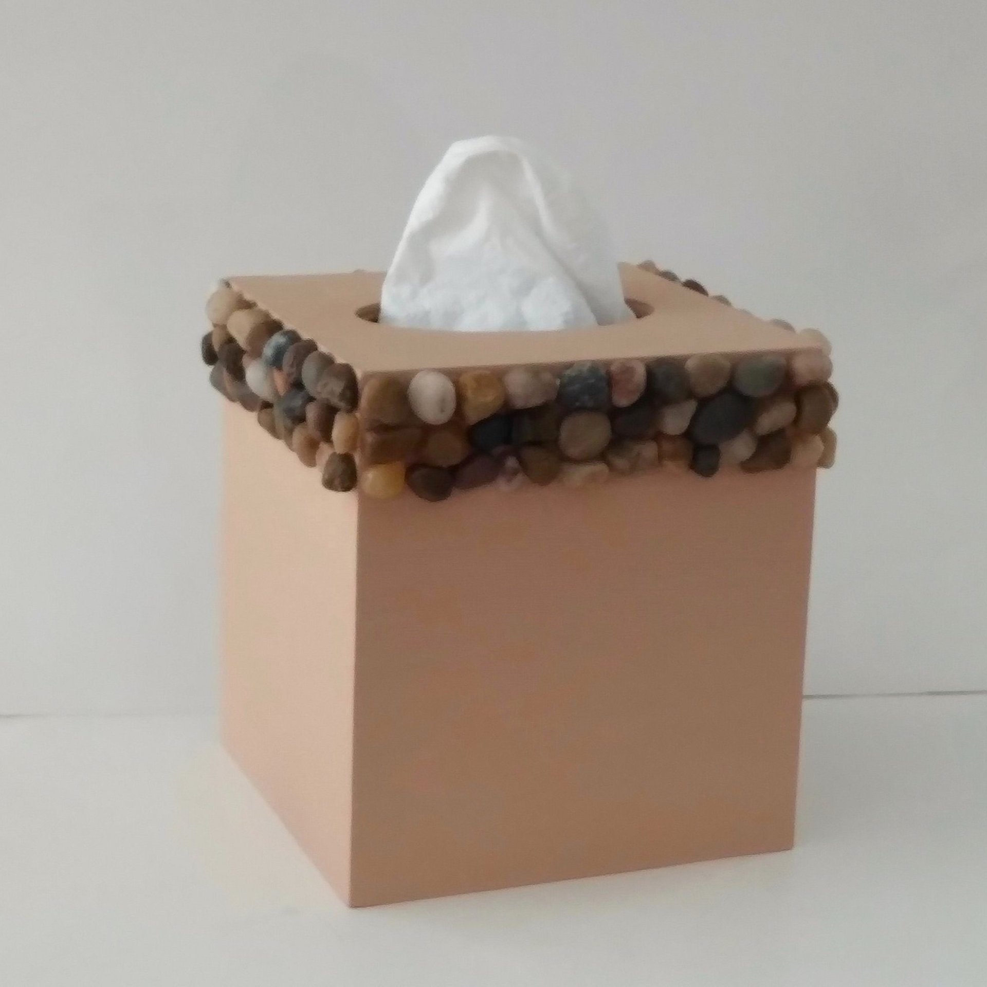 River Rock Tissue Box Cover - Handpainted beige with natural stone pebbles