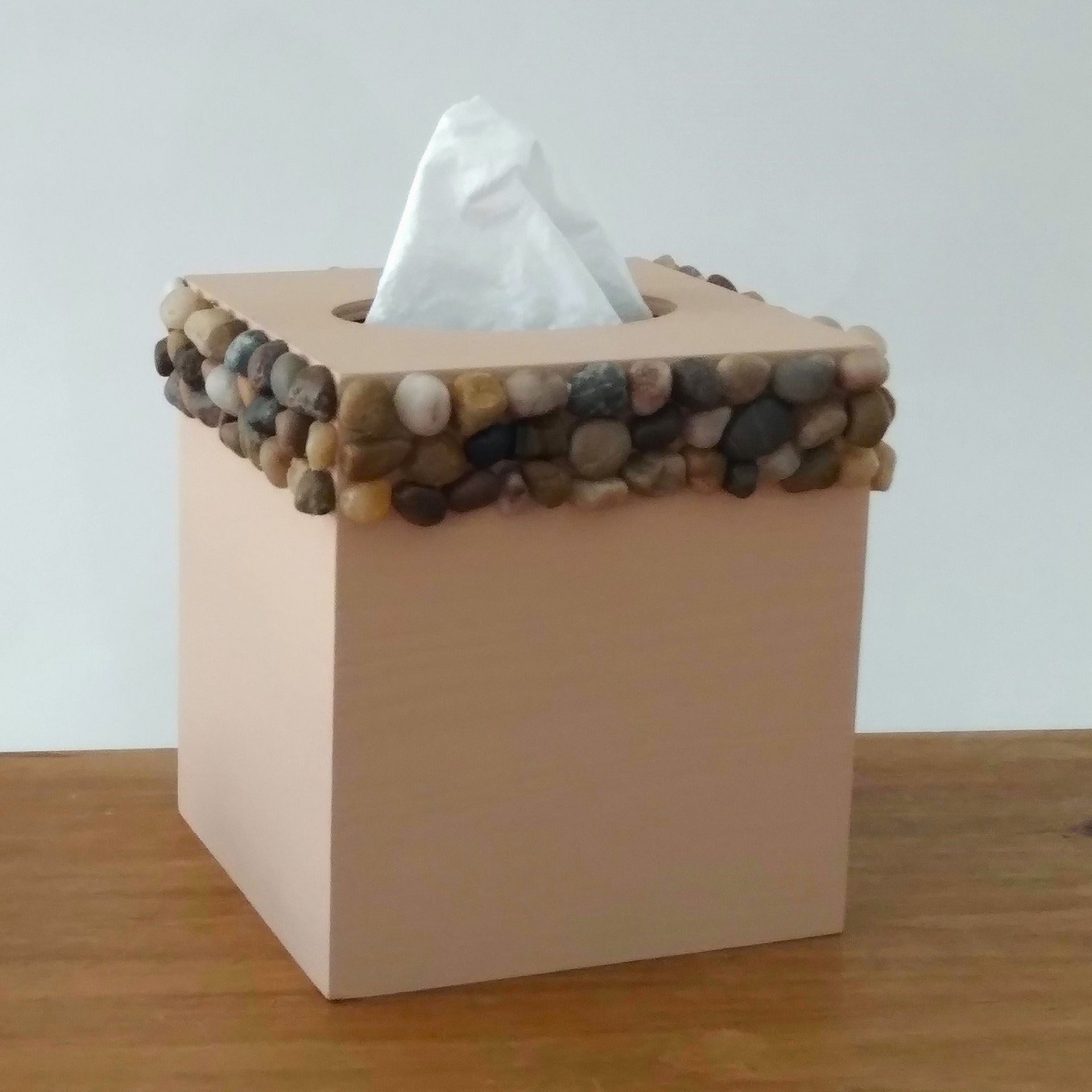 River Rock Tissue Box Cover - Handpainted beige with natural stone pebbles