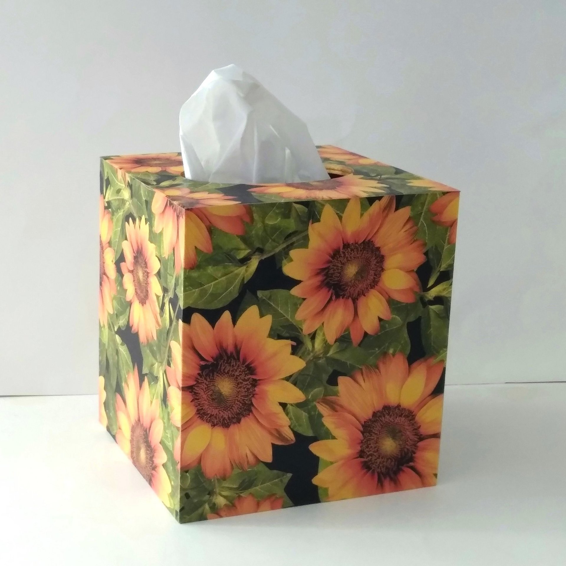 Sunflower Tissue Box Cover - Decoupage golden yellow flowers, green leaves and black background