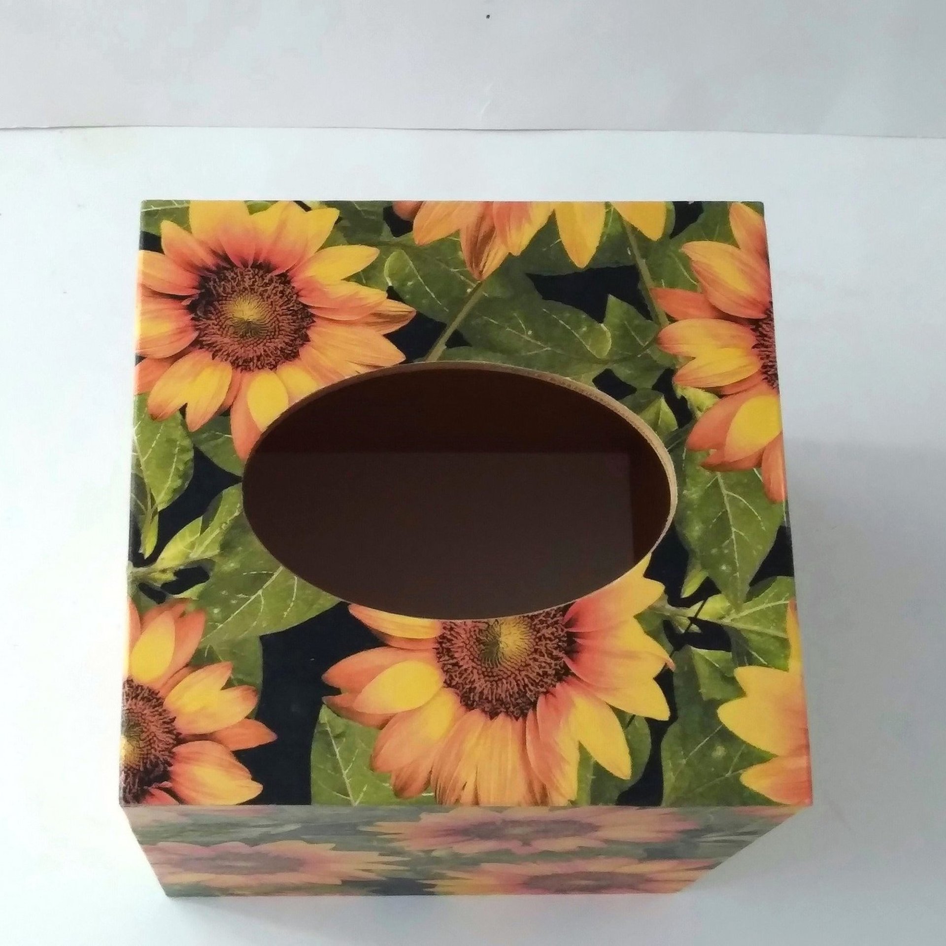 Sunflower Tissue Box Cover - Decoupage golden yellow flowers, green leaves and black background