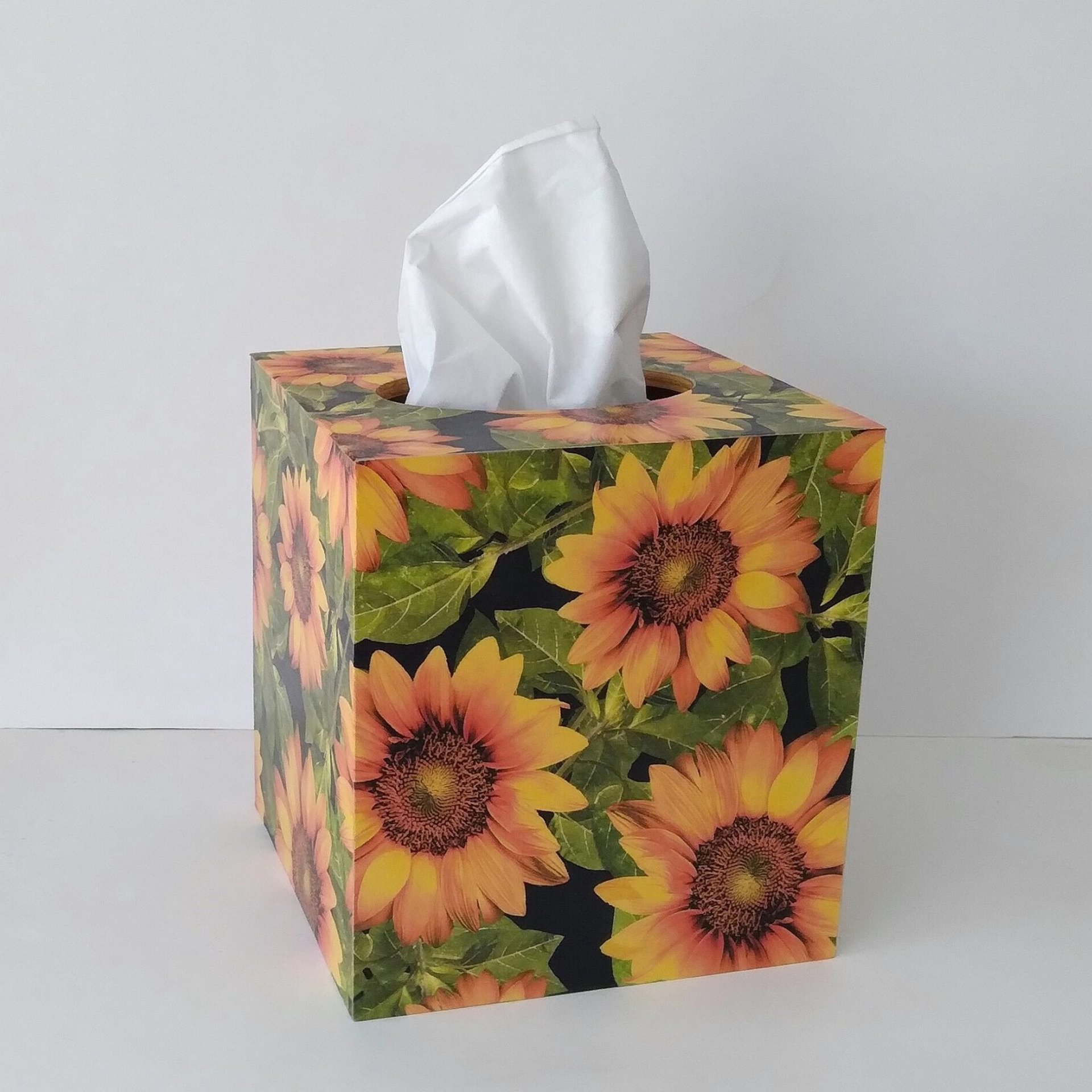 Sunflower Tissue Box Cover - Decoupage golden yellow flowers, green leaves and black background