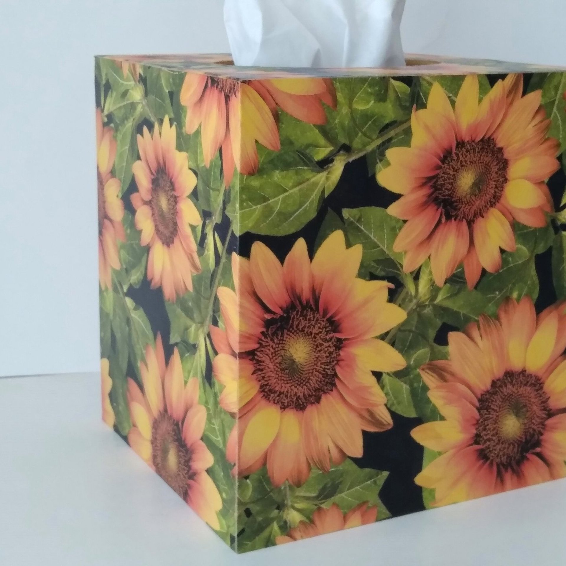 Sunflower Tissue Box Cover - Decoupage golden yellow flowers, green leaves and black background