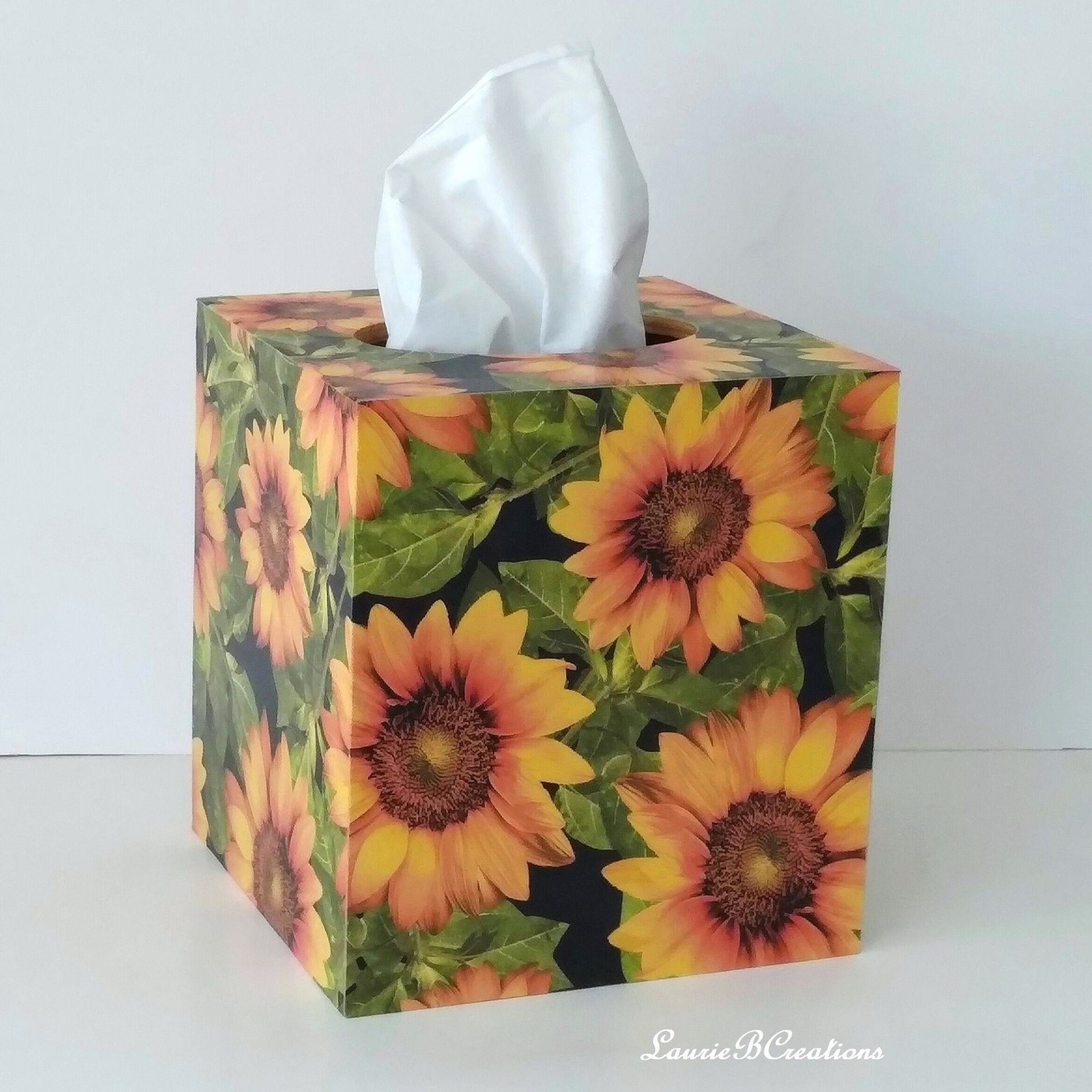 Sunflower Tissue Box Cover - Decoupage golden yellow flowers, green leaves and black background
