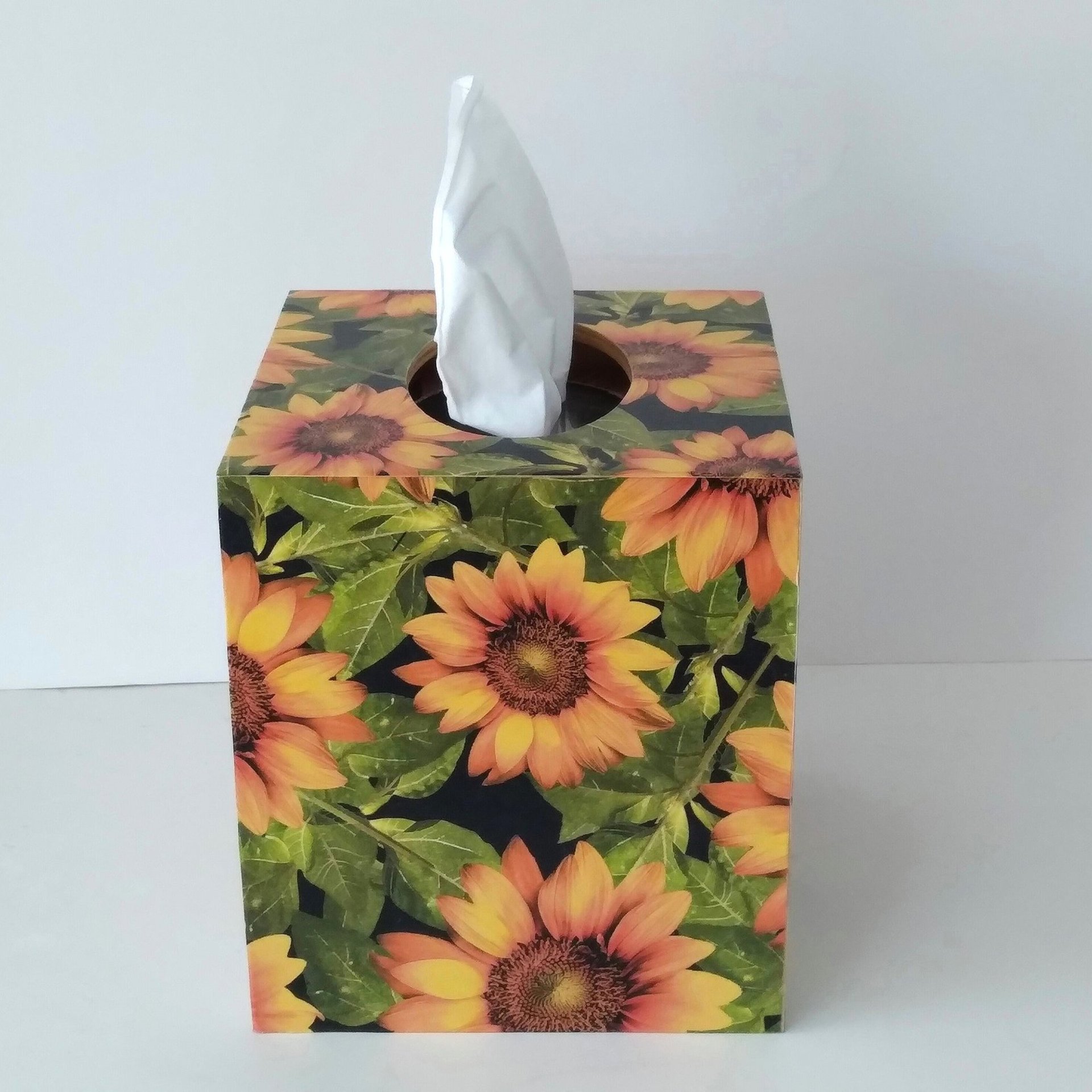 Sunflower Tissue Box Cover - Decoupage golden yellow flowers, green leaves and black background
