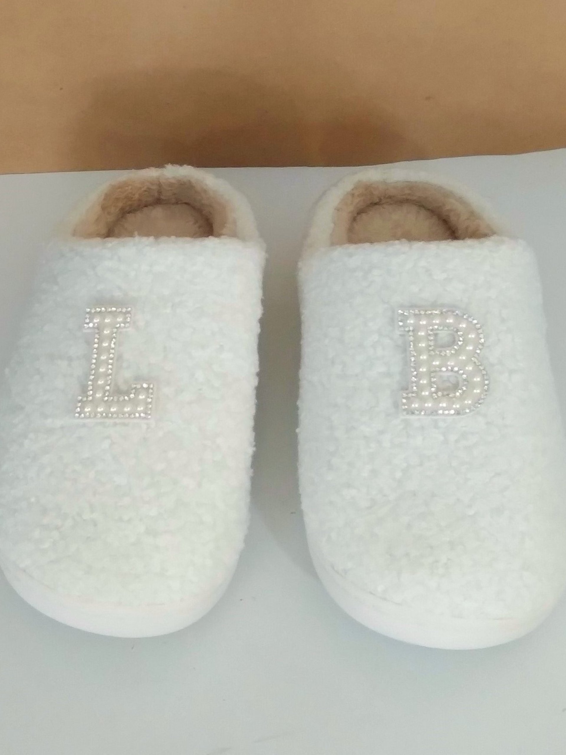 Bling Letter Slippers - Personalized Ivory & tan with pearl rhinestone initials