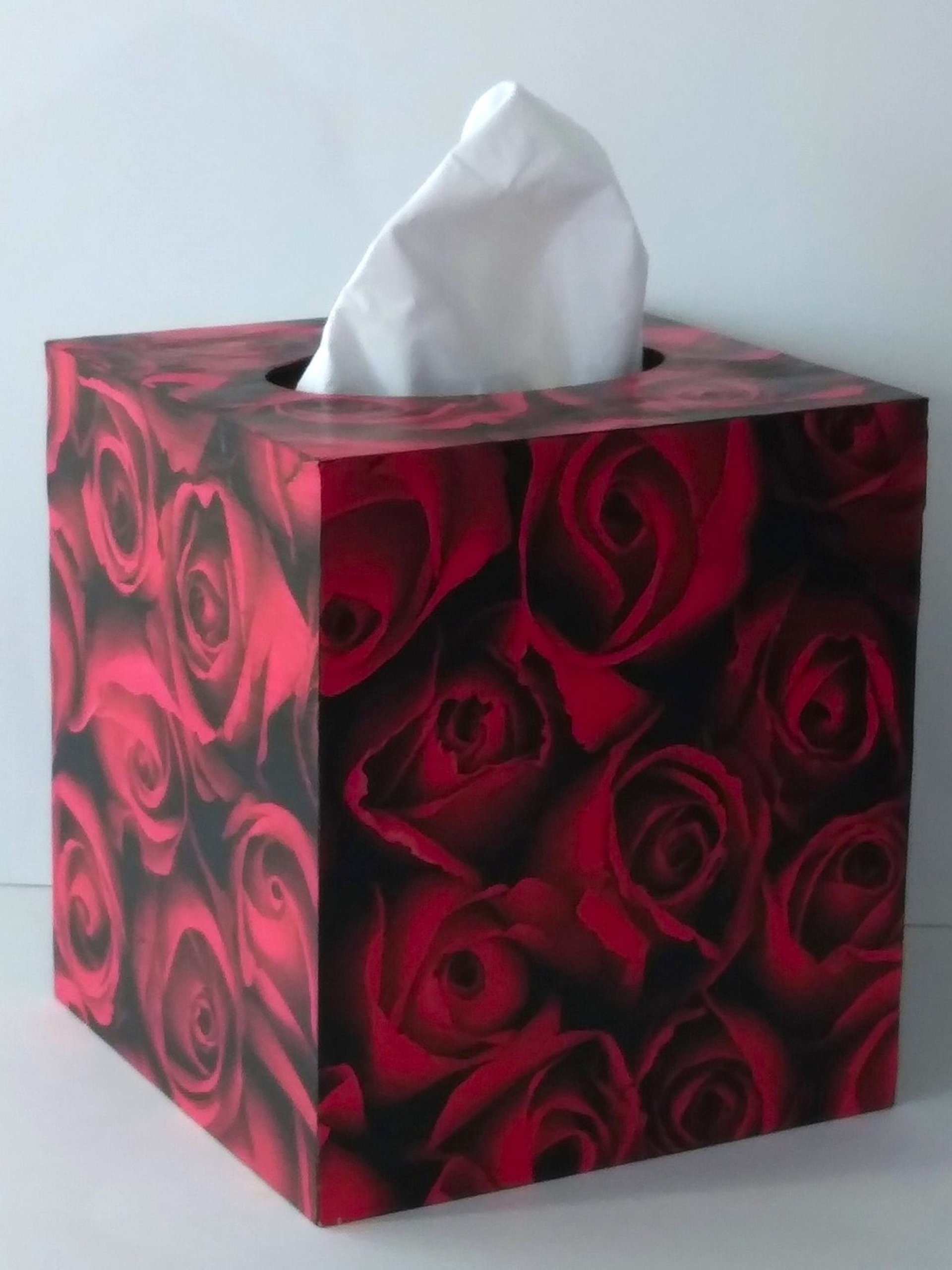 Red Rose Tissue Box Cover- Floral Decoupage Square Tissue Holder
