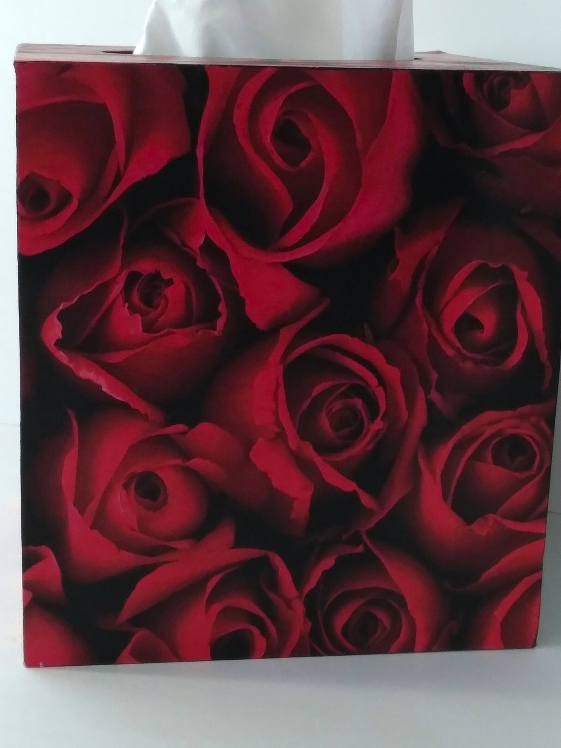 Red Rose Tissue Box Cover- Floral Decoupage Square Tissue Holder