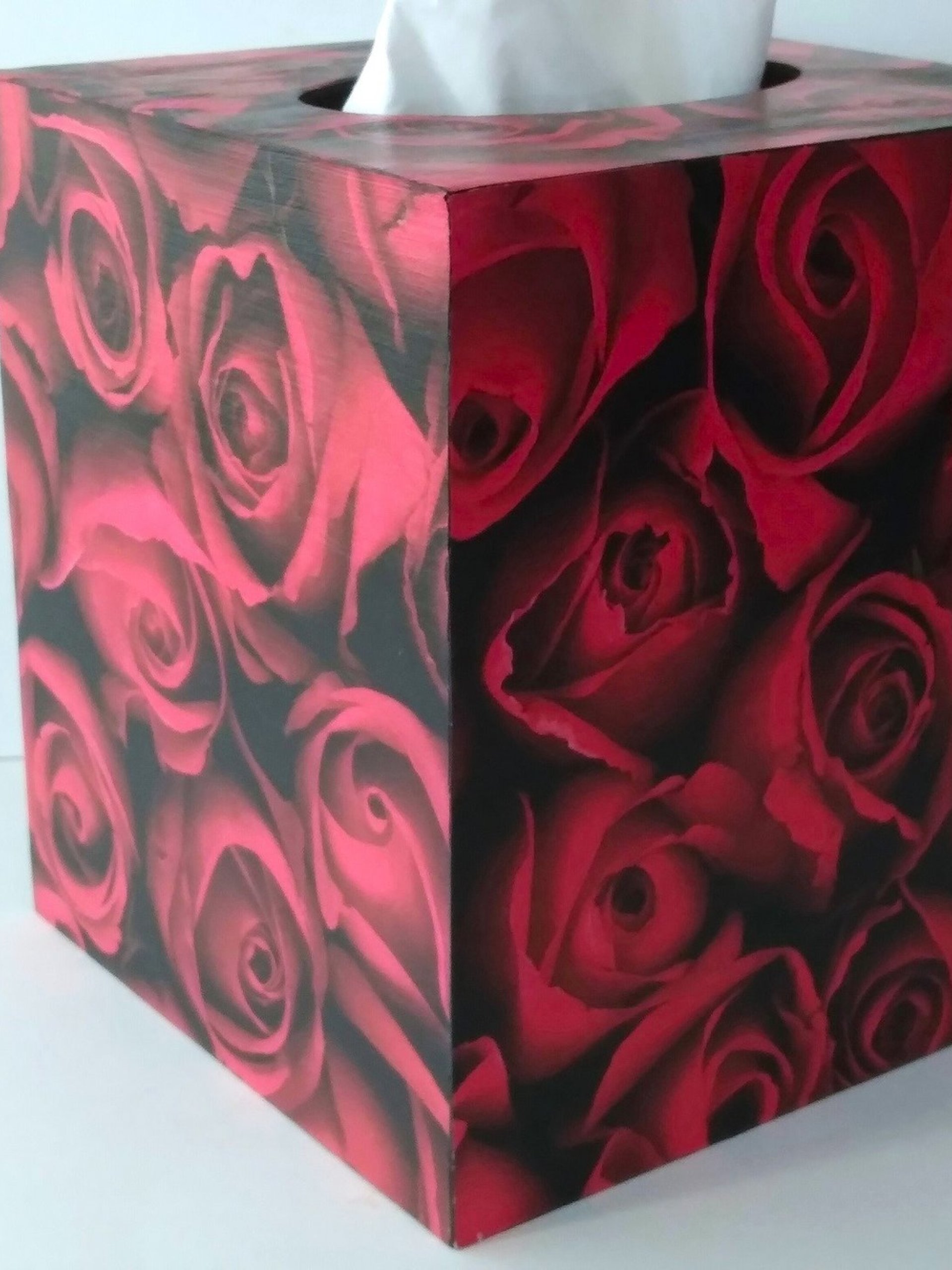 Red Rose Tissue Box Cover- Floral Decoupage Square Tissue Holder