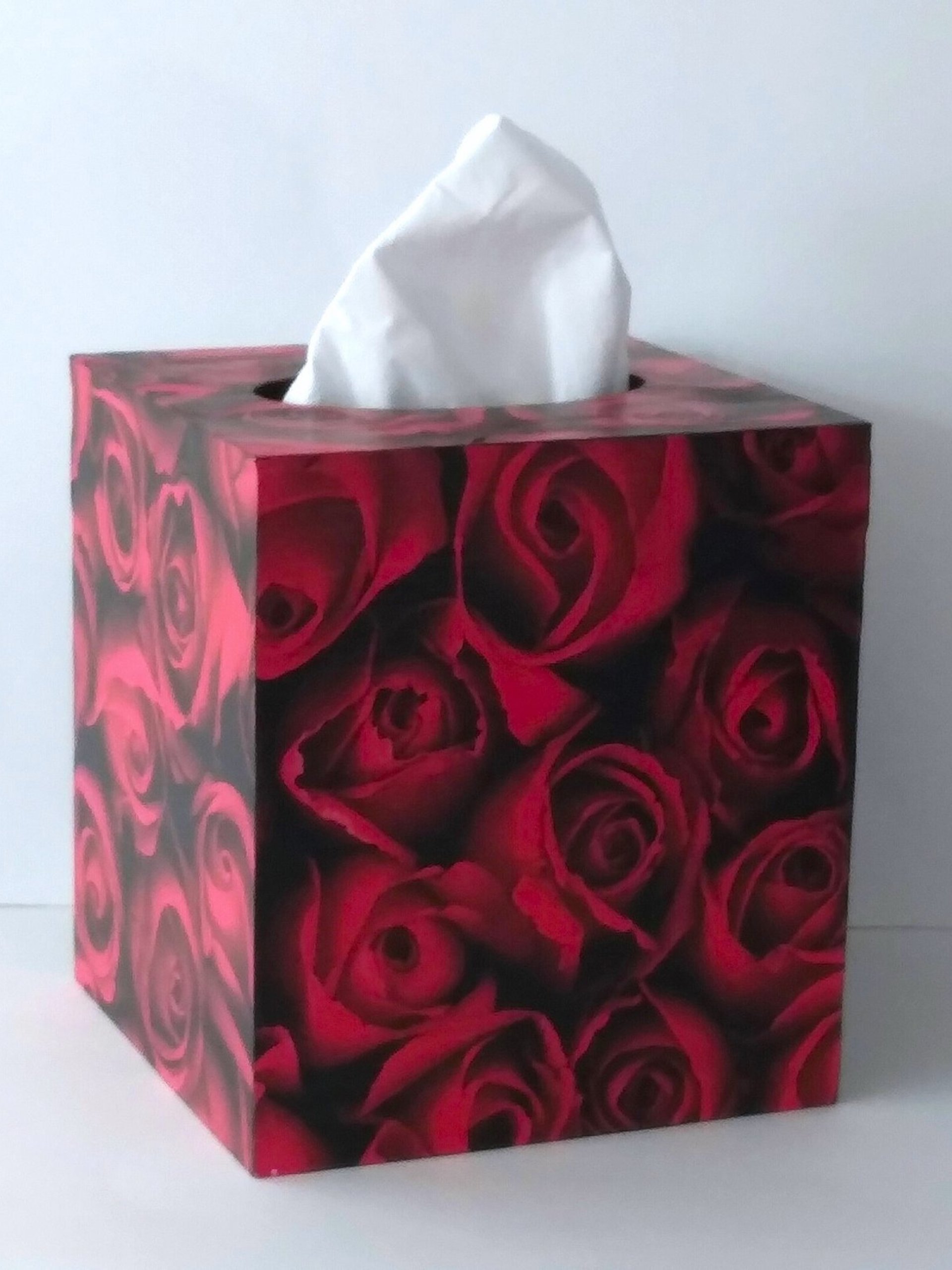 Red Rose Tissue Box Cover- Floral Decoupage Square Tissue Holder