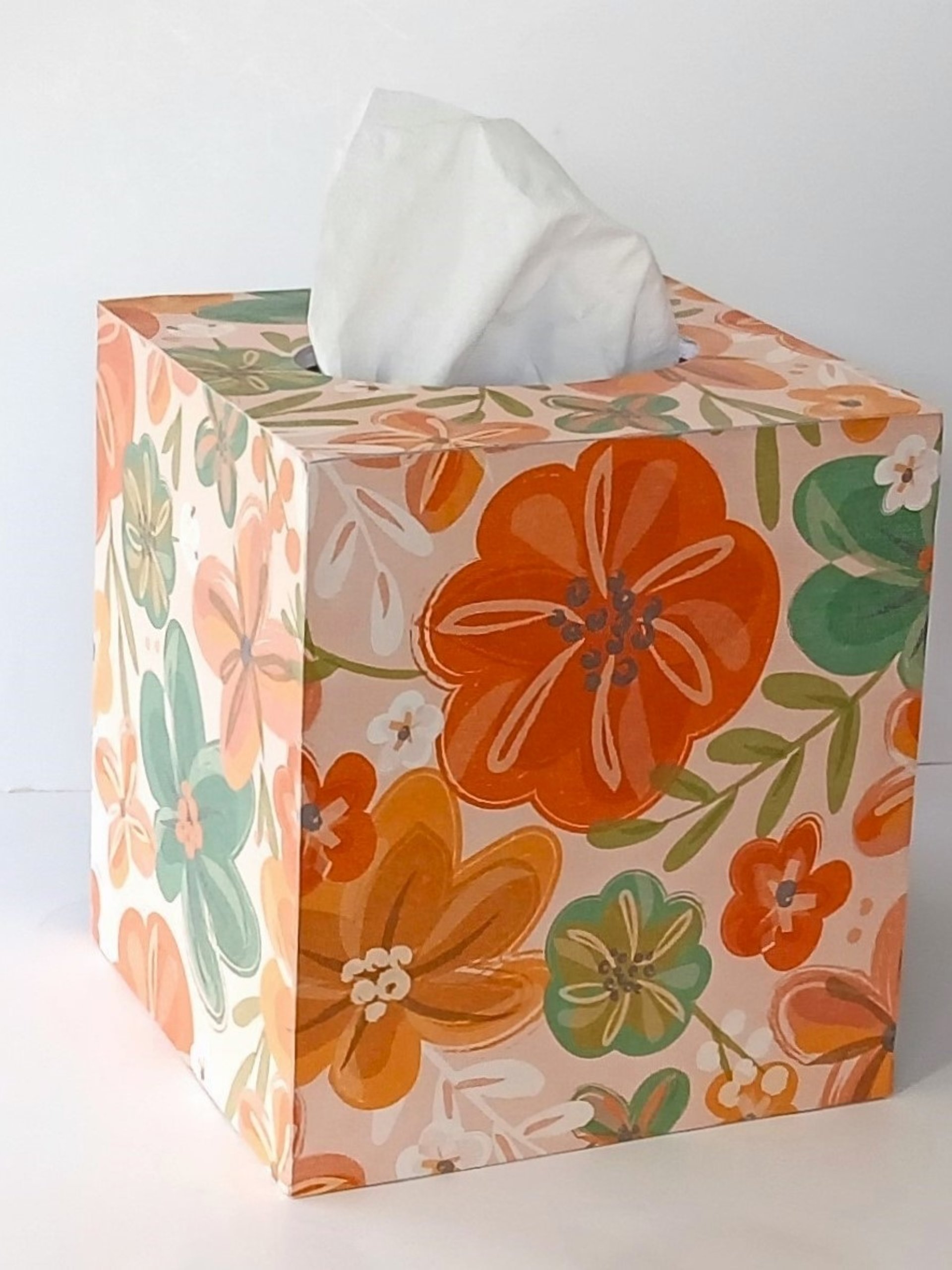 Orange Floral Tissue Box Cover- Decoupage with orange, green yellow and white flower design