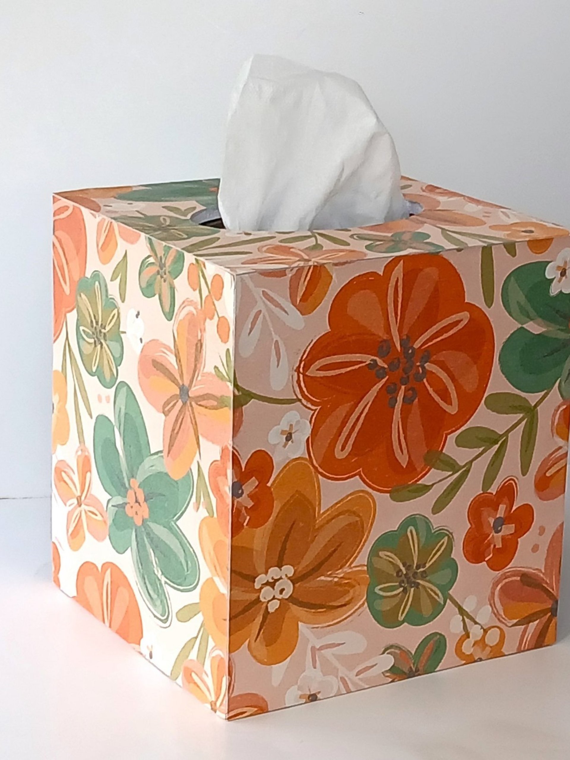 Orange Floral Tissue Box Cover- Decoupage with orange, green yellow and white flower design