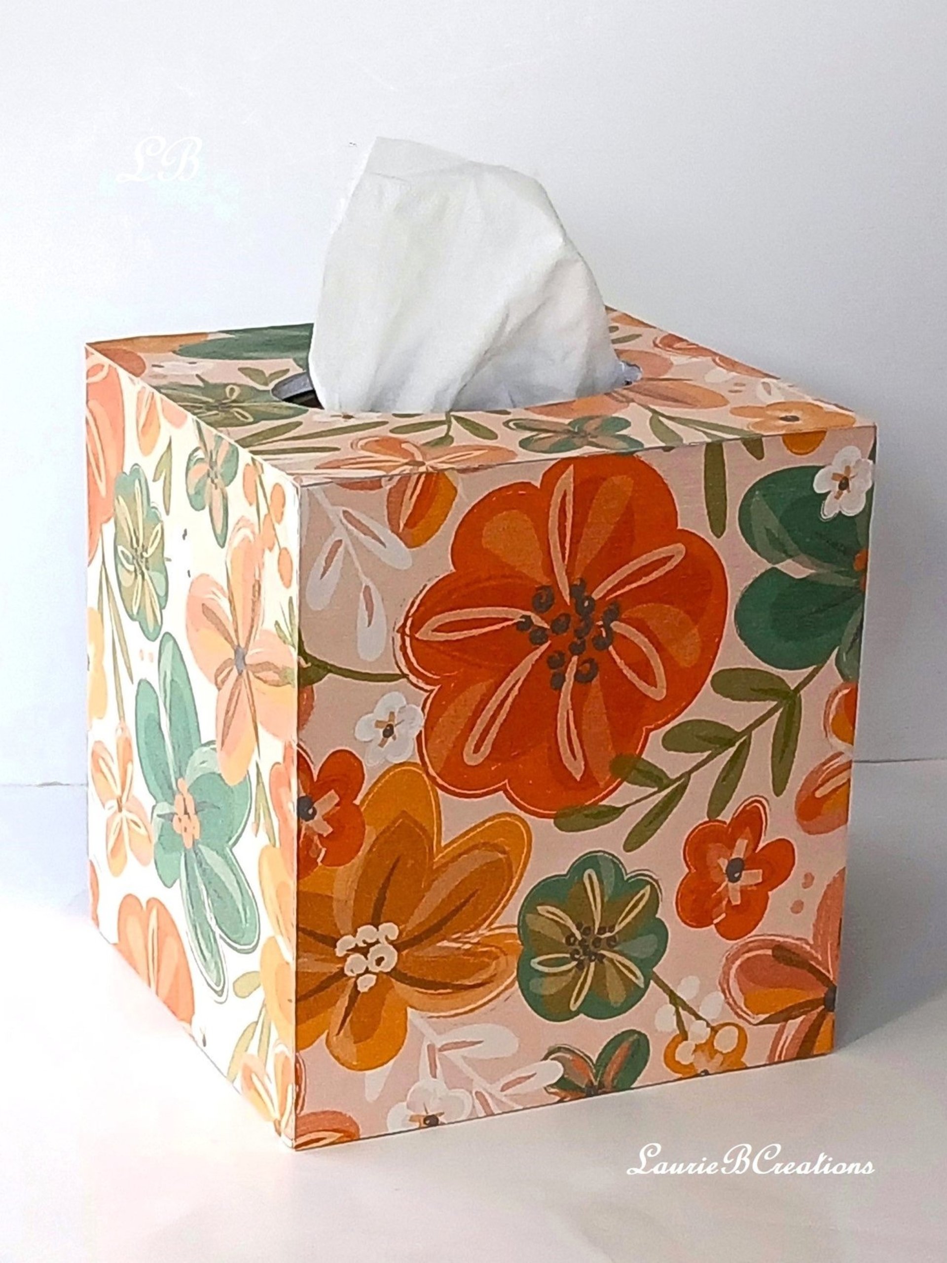 Orange Floral Tissue Box Cover- Decoupage with orange, green yellow and white flower design