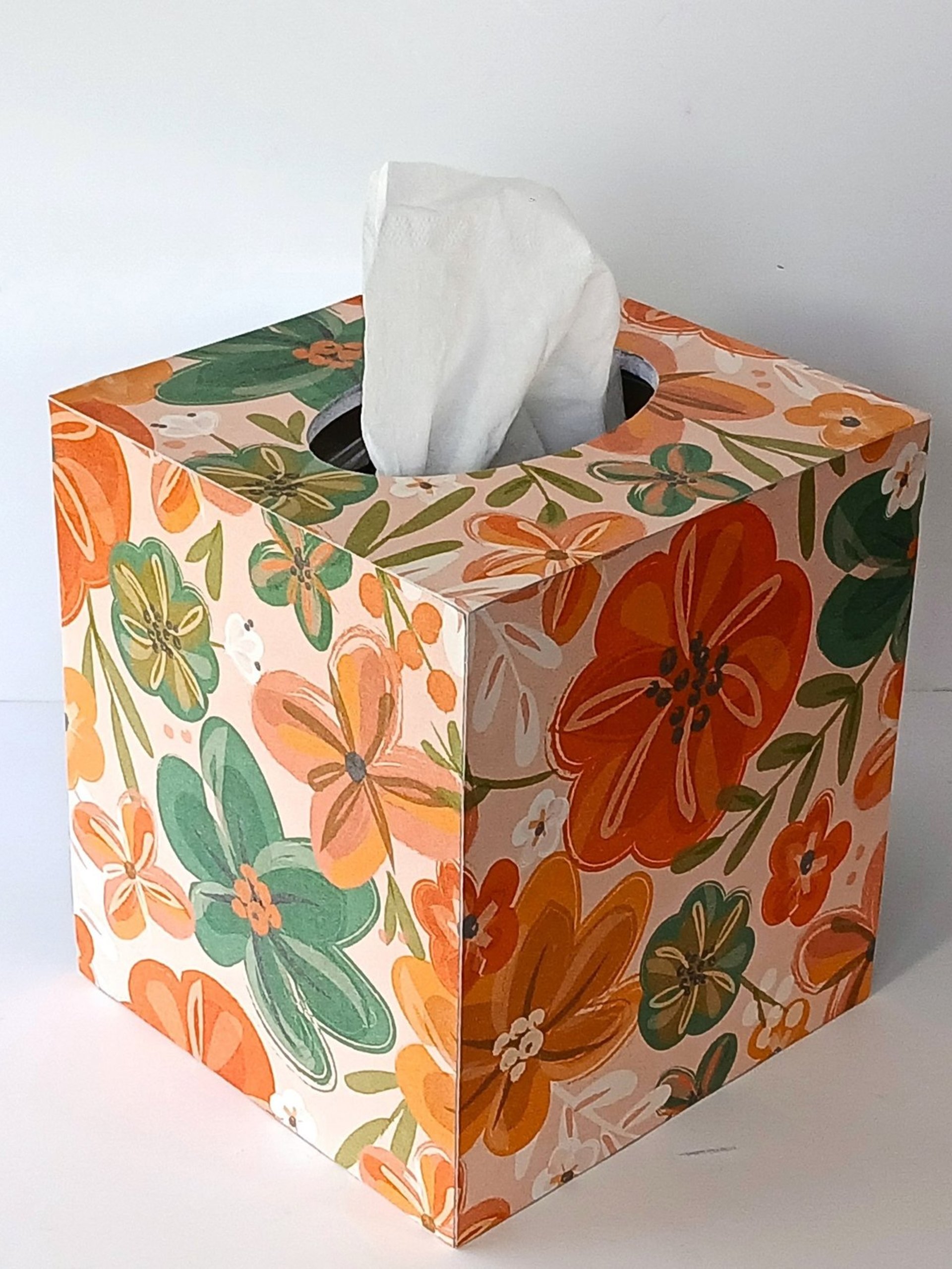 Orange Floral Tissue Box Cover- Decoupage with orange, green yellow and white flower design