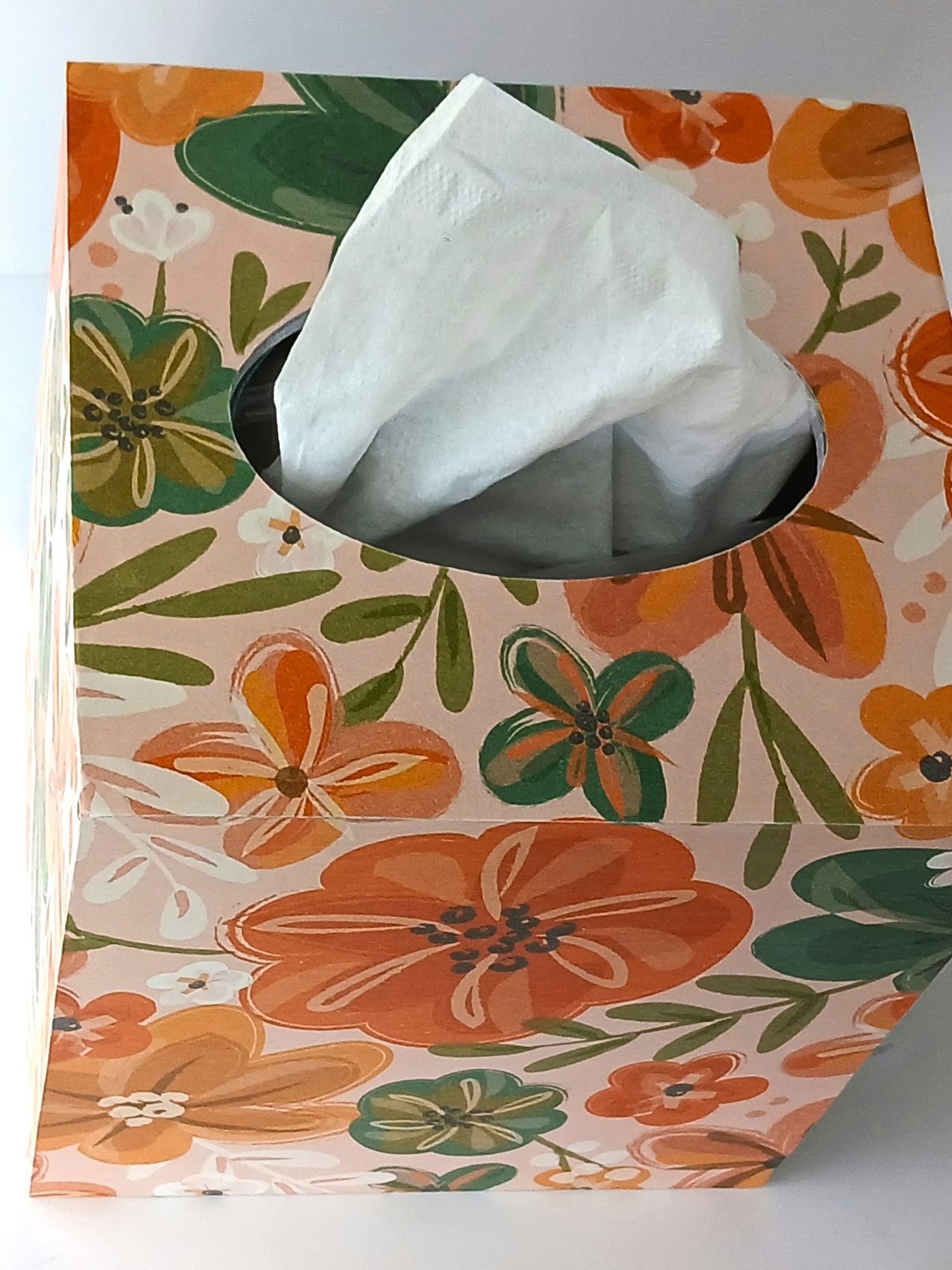 Orange Floral Tissue Box Cover- Decoupage with orange, green yellow and white flower design