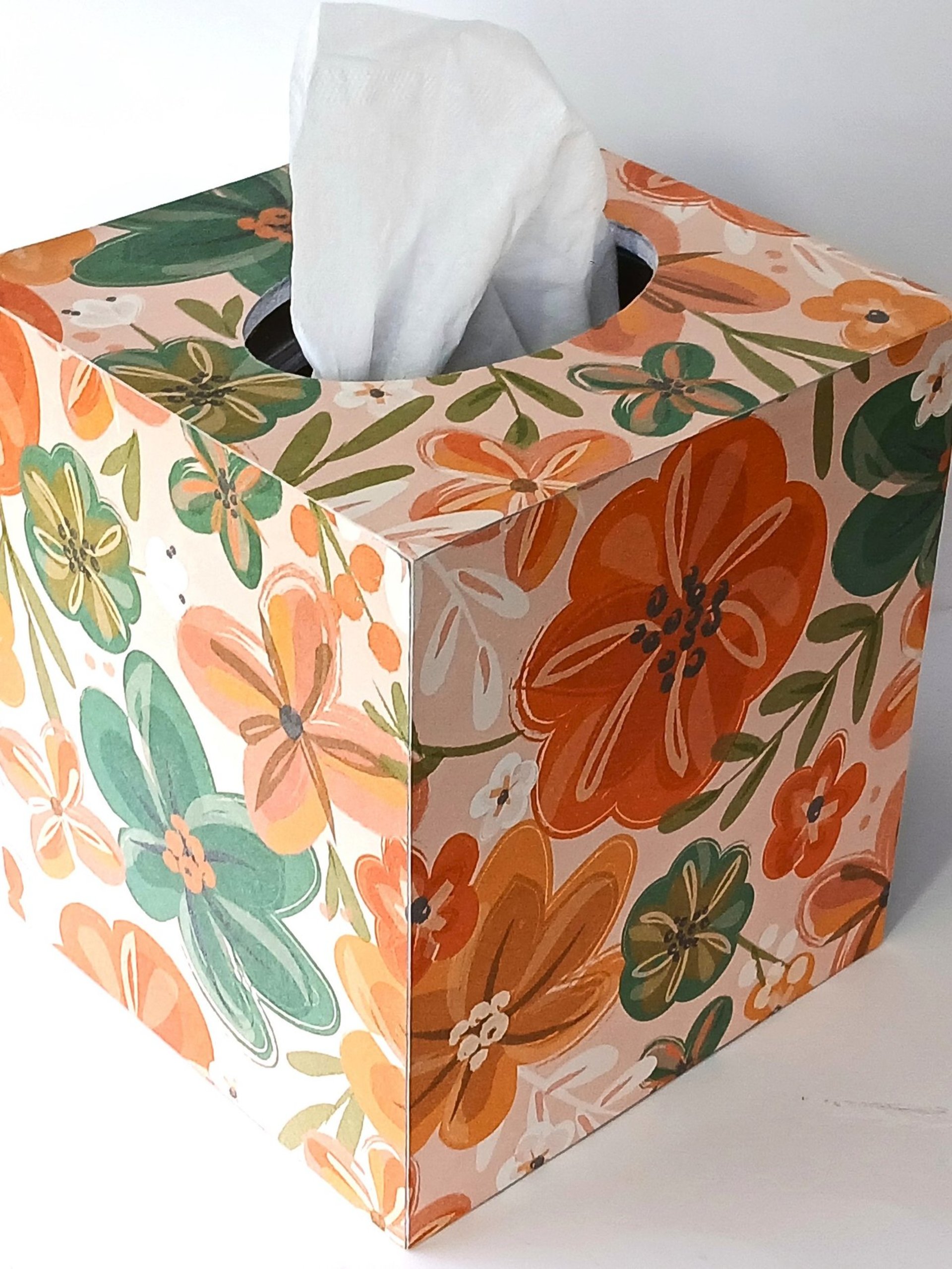 Orange Floral Tissue Box Cover- Decoupage with orange, green yellow and white flower design
