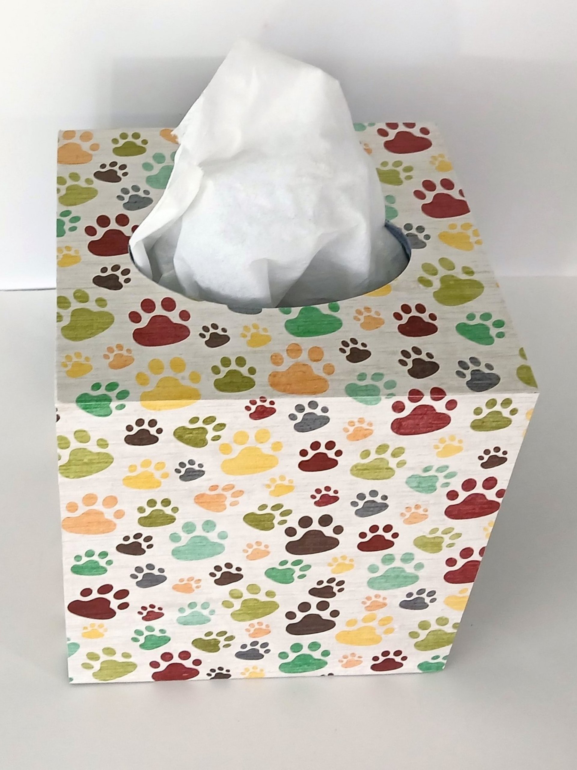 Paw Print Tissue Box Cover - Decoupage multi color paws tissue holder