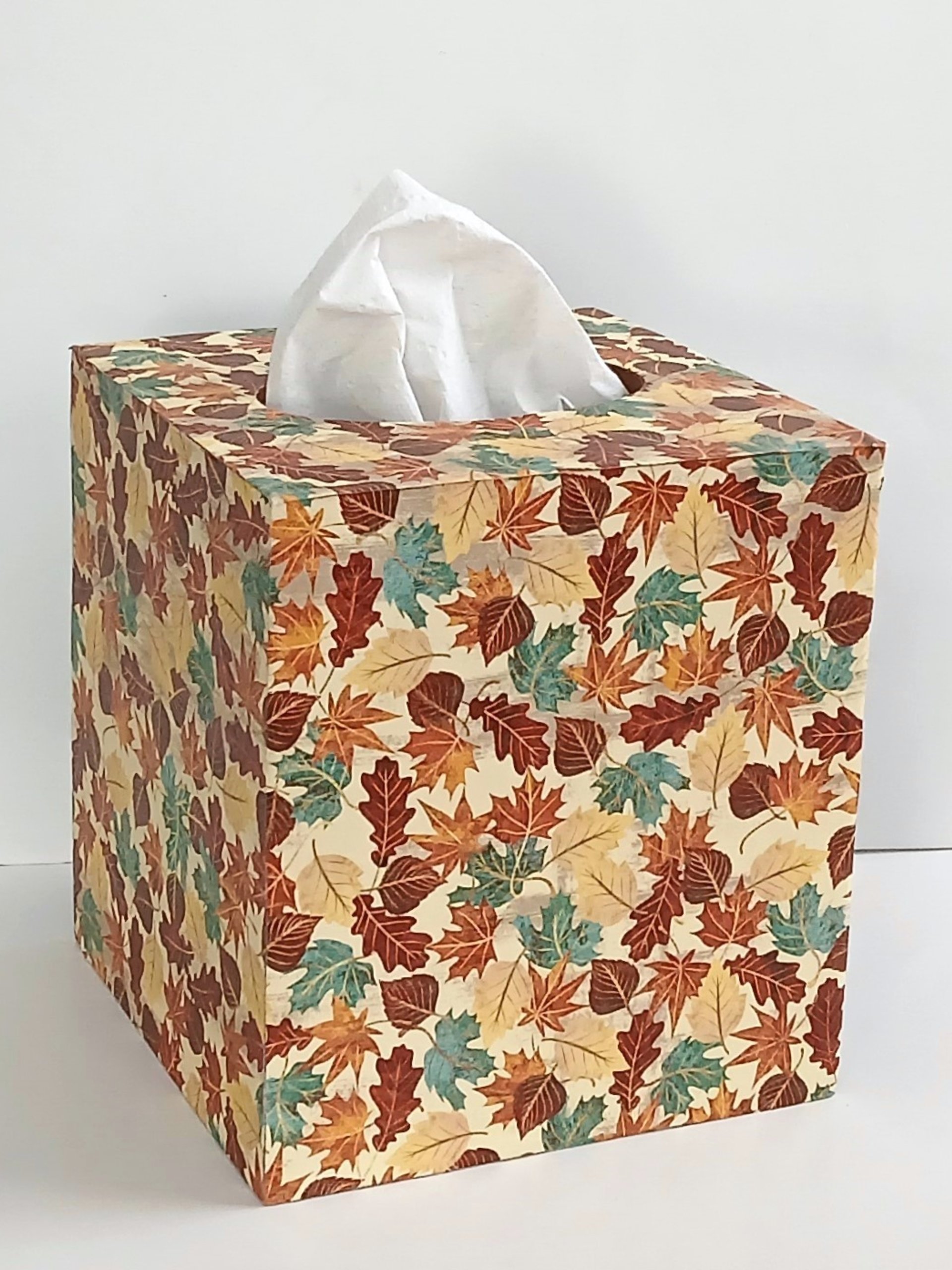 Fall Leaves Tissue Box Cover - Decoupage Autumn Tissue Holder