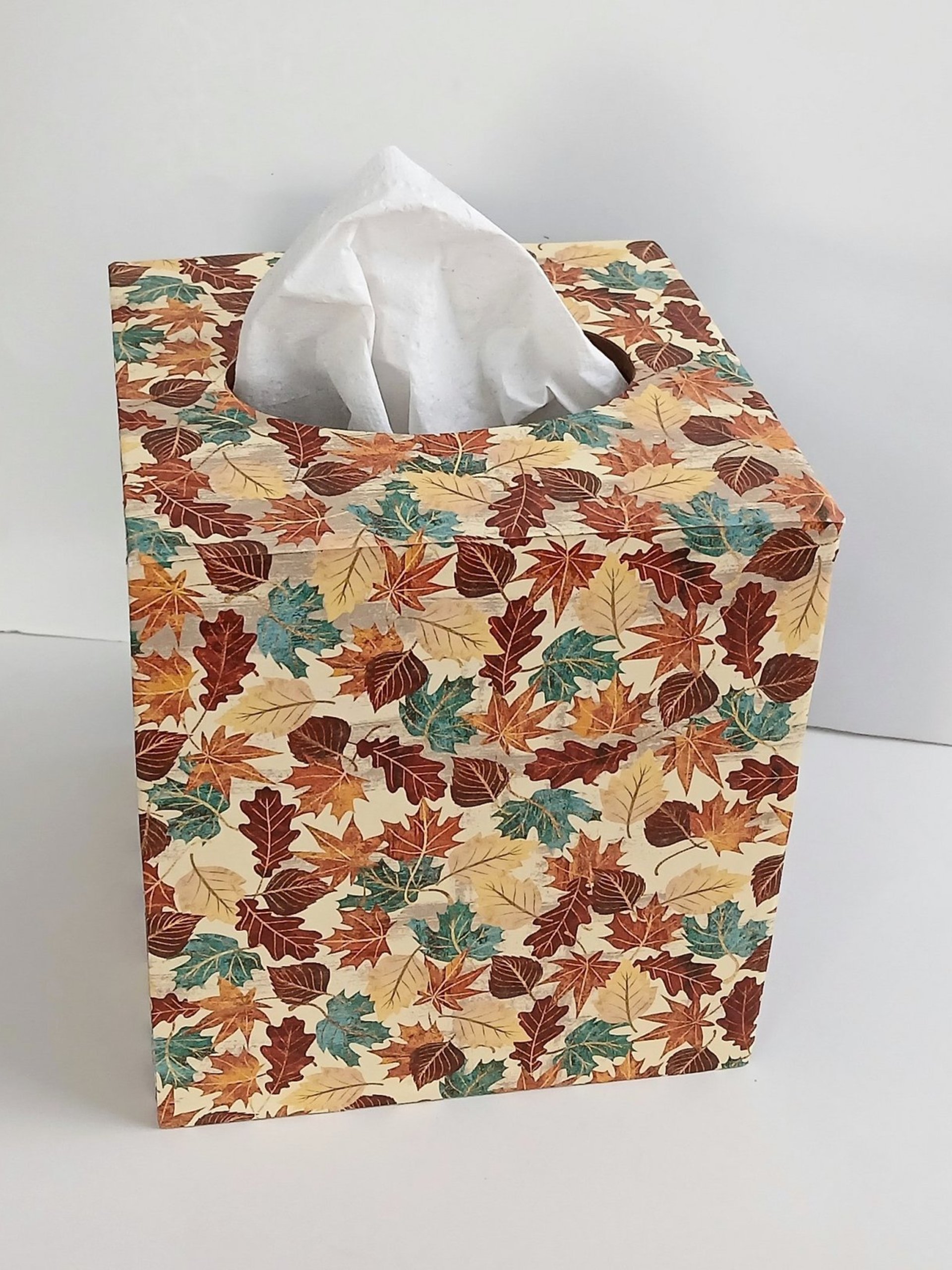 Fall Leaves Tissue Box Cover - Decoupage Autumn Tissue Holder