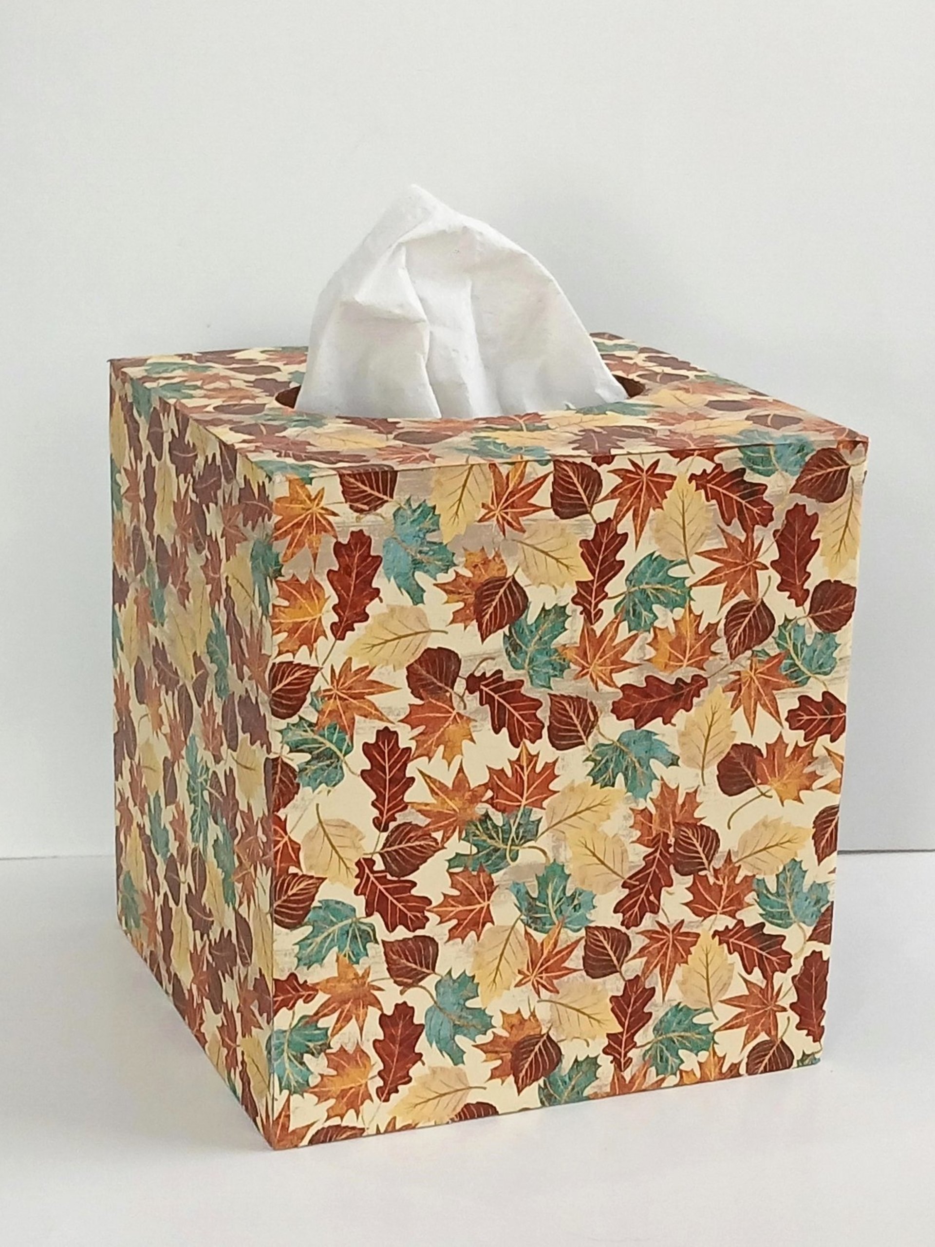 Fall Leaves Tissue Box Cover - Decoupage Autumn Tissue Holder