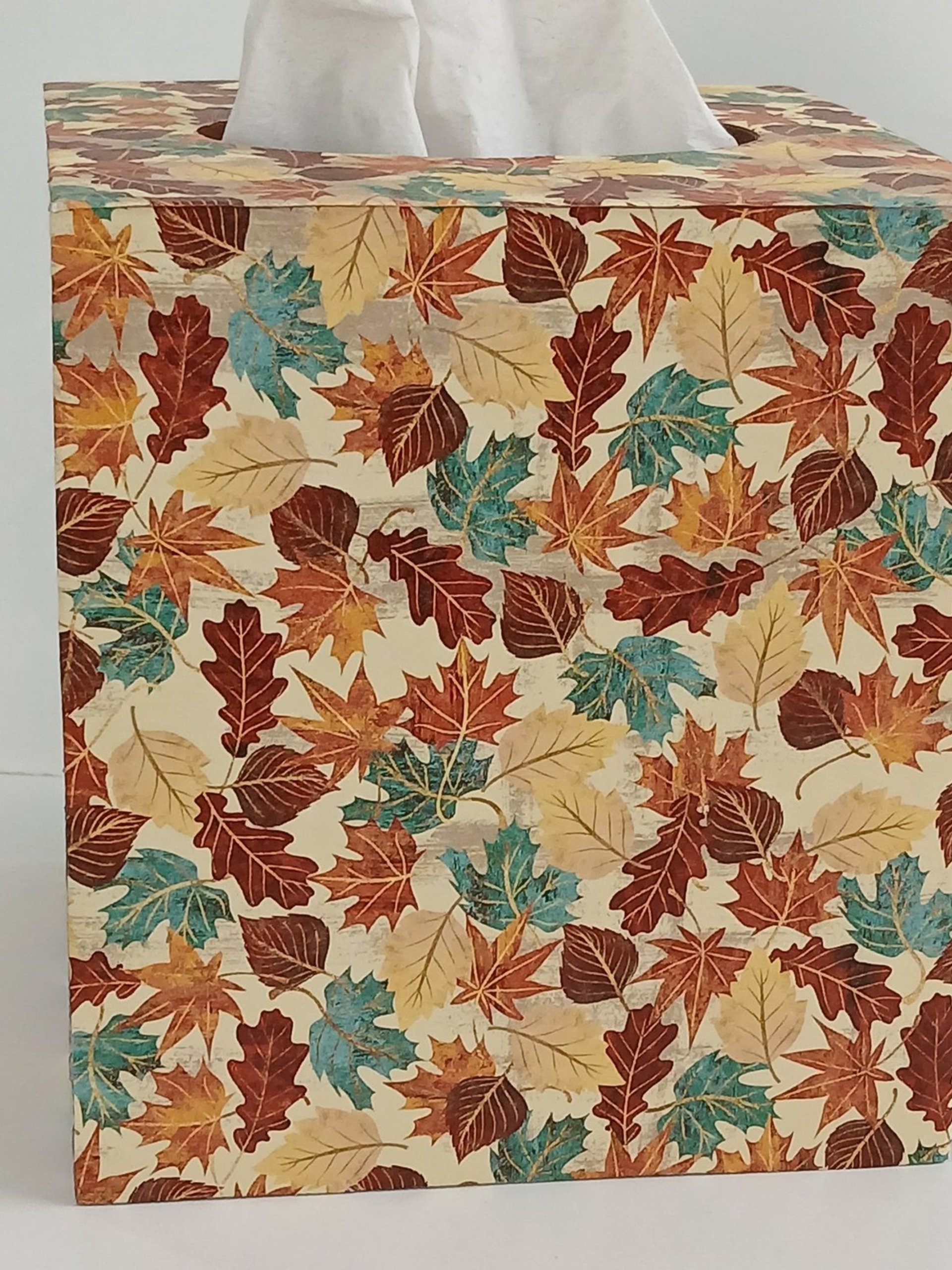 Fall Leaves Tissue Box Cover - Decoupage Autumn Tissue Holder
