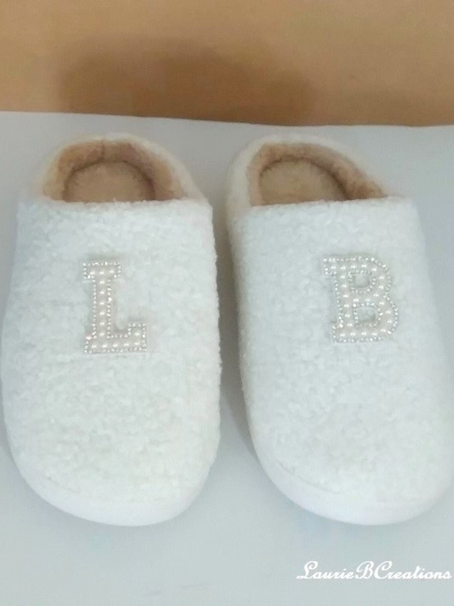 Bling Letter Slippers - Personalized Ivory & tan with pearl rhinestone initials
