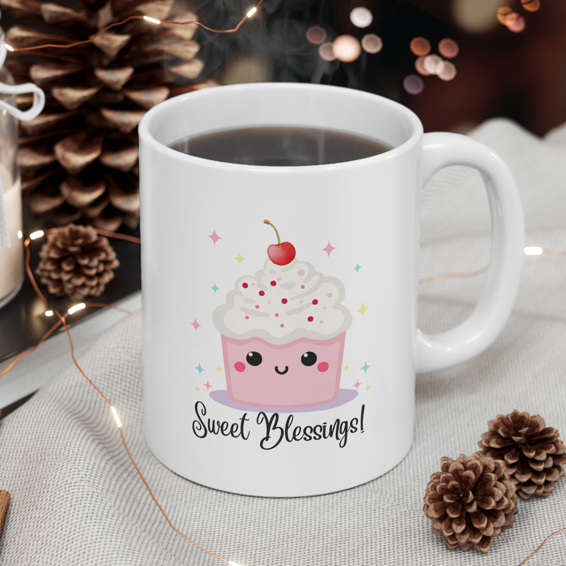 Sweet Blessings Ceramic Mug  - 11 oz. white with whimsical cupcake and stars 