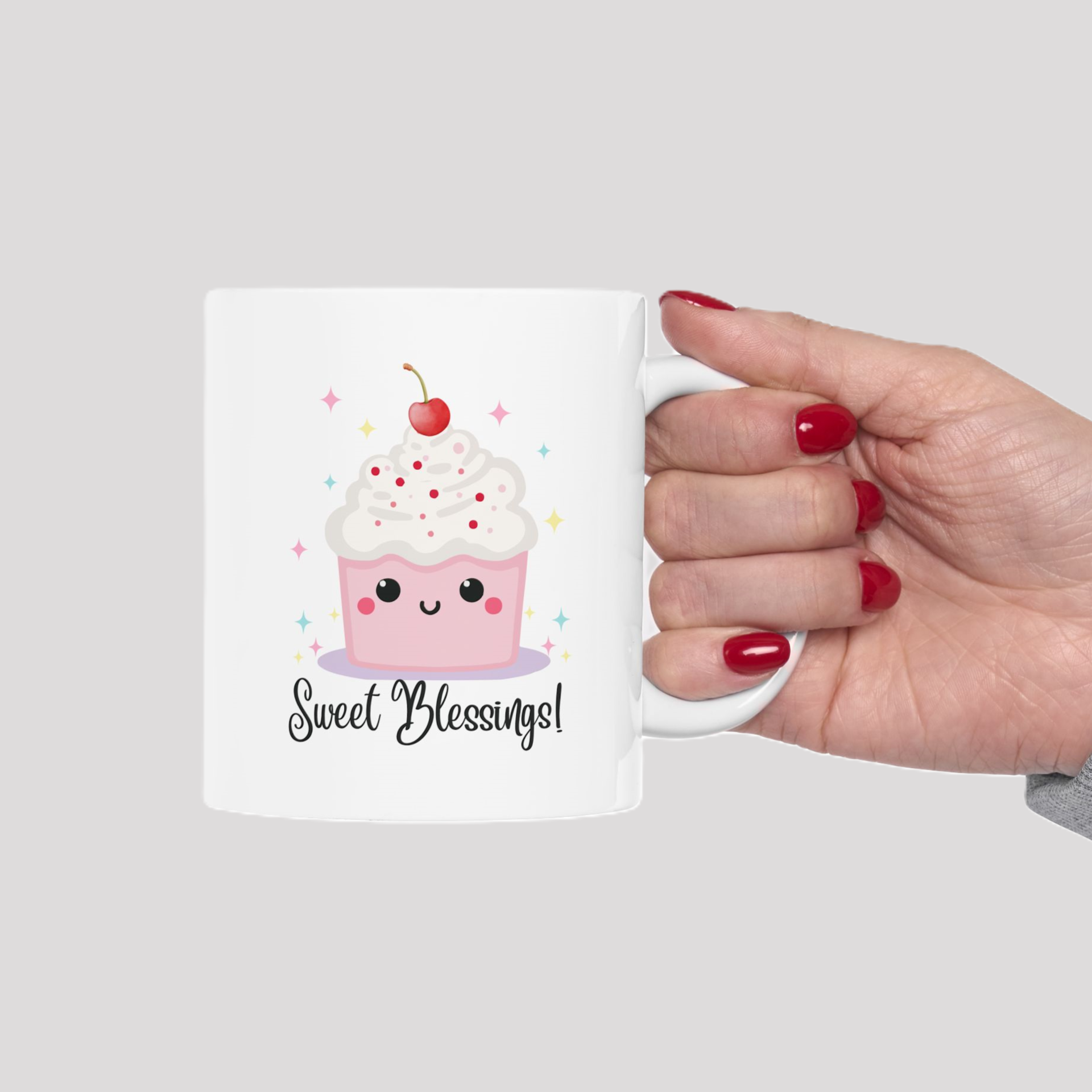 Sweet Blessings Ceramic Mug  - 11 oz. white with whimsical cupcake and stars 