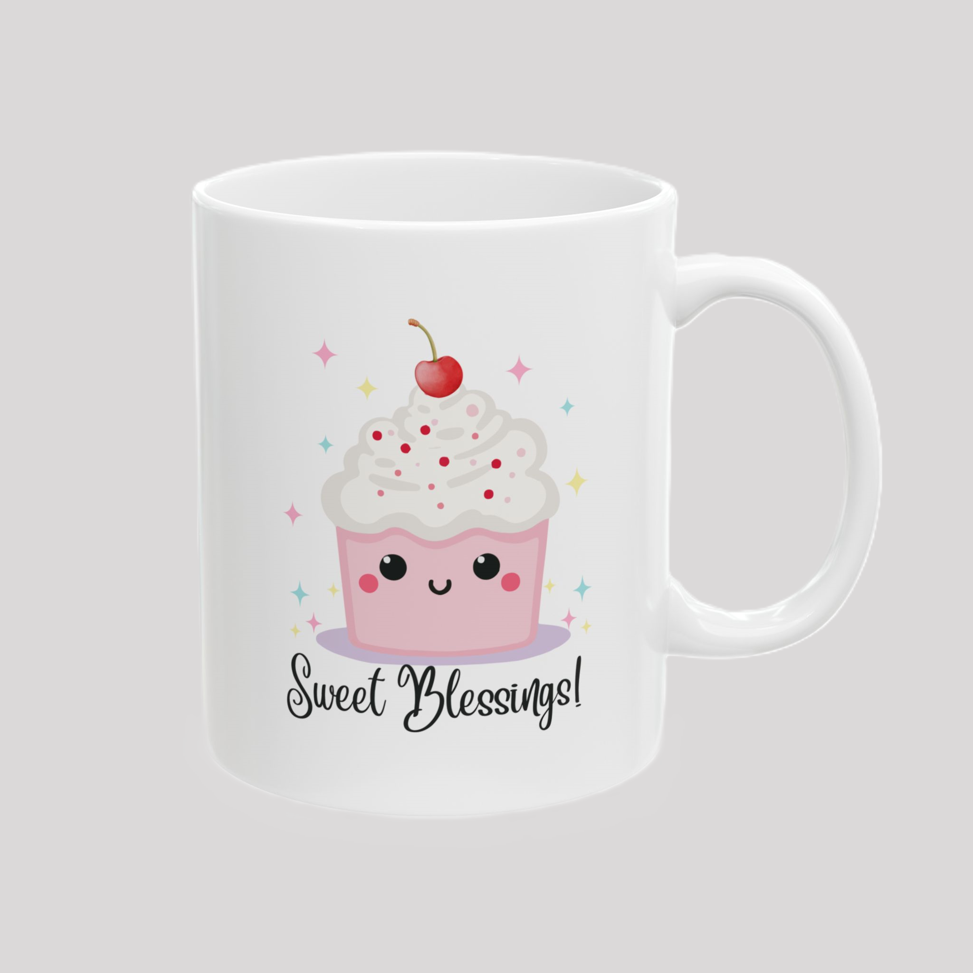 Sweet Blessings Ceramic Mug  - 11 oz. white with whimsical cupcake and stars 
