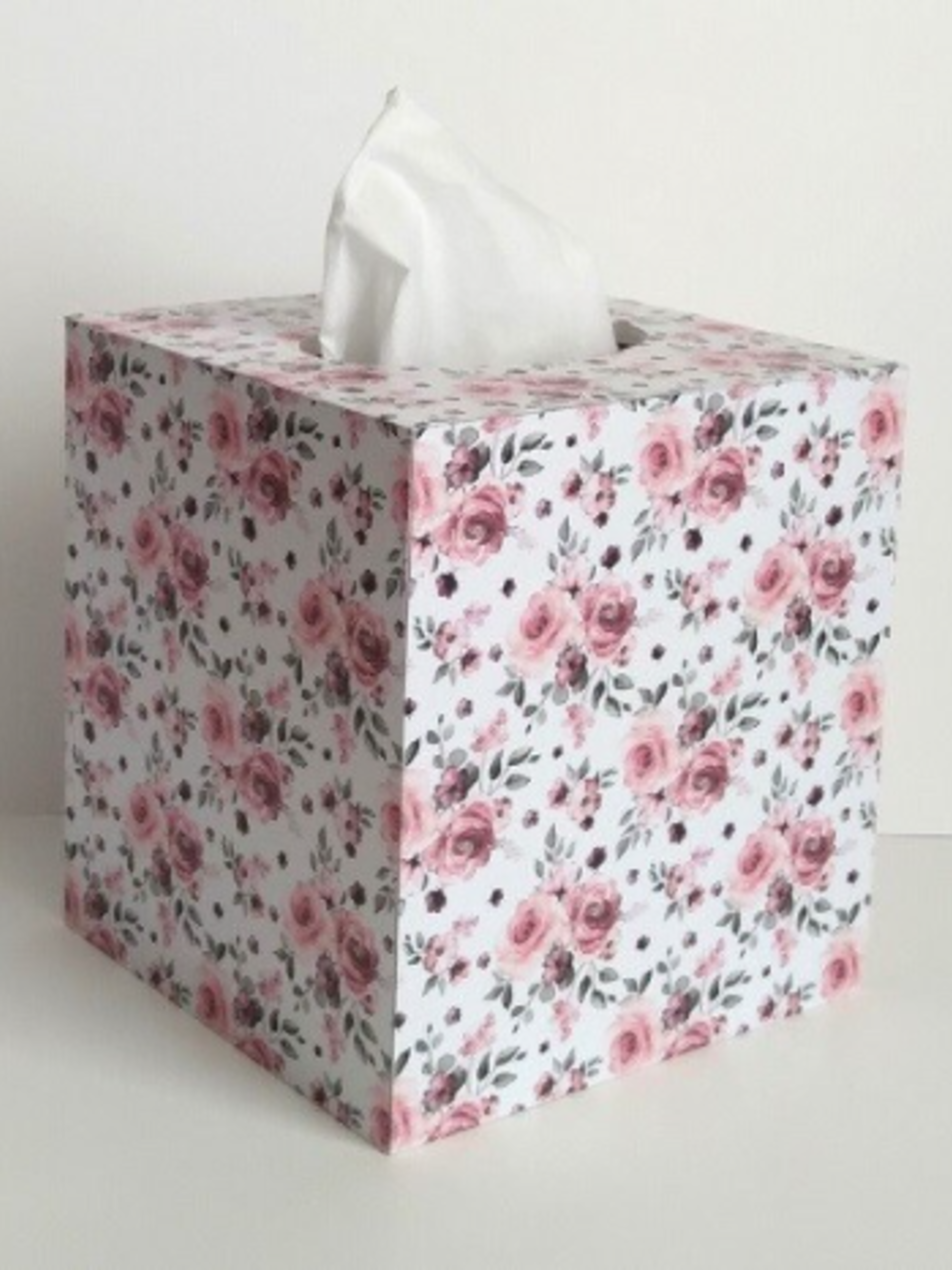 Floral Rose Tissue Box Cover - Decoupage white with shabby chic watercolor roses and leaves 