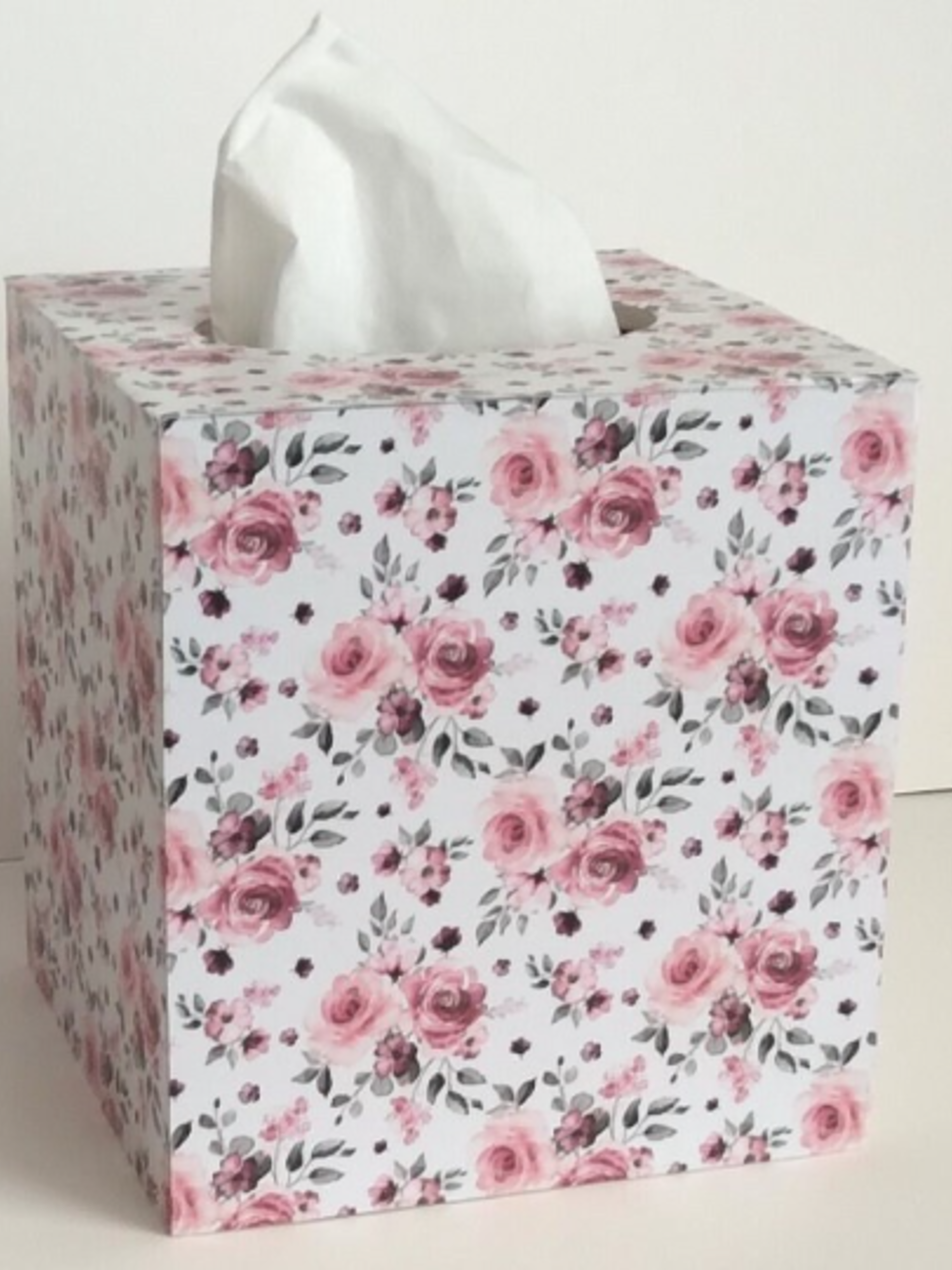 Floral Rose Tissue Box Cover - Decoupage white with shabby chic watercolor roses and leaves 