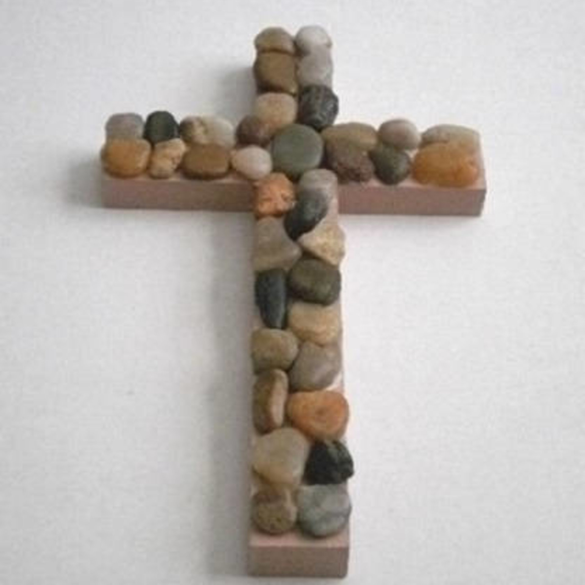 River Rock Wall Cross - Hand Painted Beige Wood Cross W/ River Pebble Rocks- 12" Natural Stone Cross for Home, Office, Patio