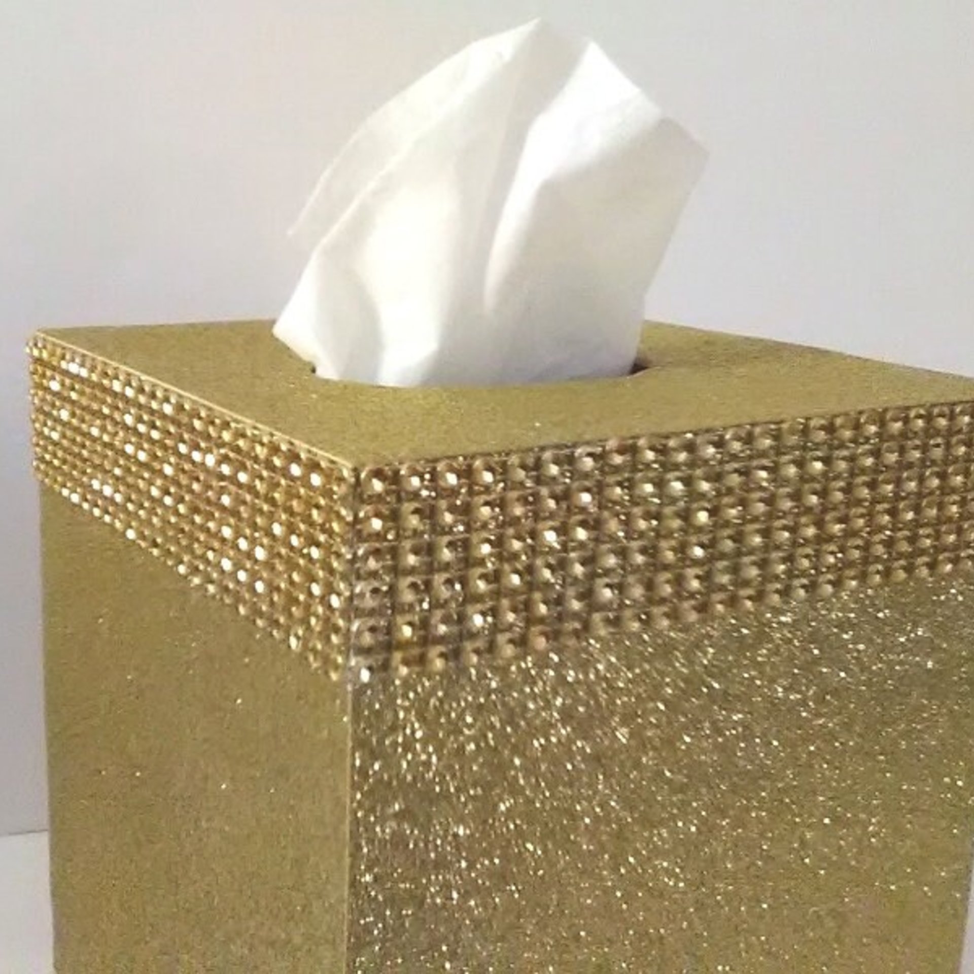 Gold Glitter & Diamond Wrap Tissue Box Cover-Fine Glitter w/Gold Diamond Wrap Bling, Square Tissue Holder