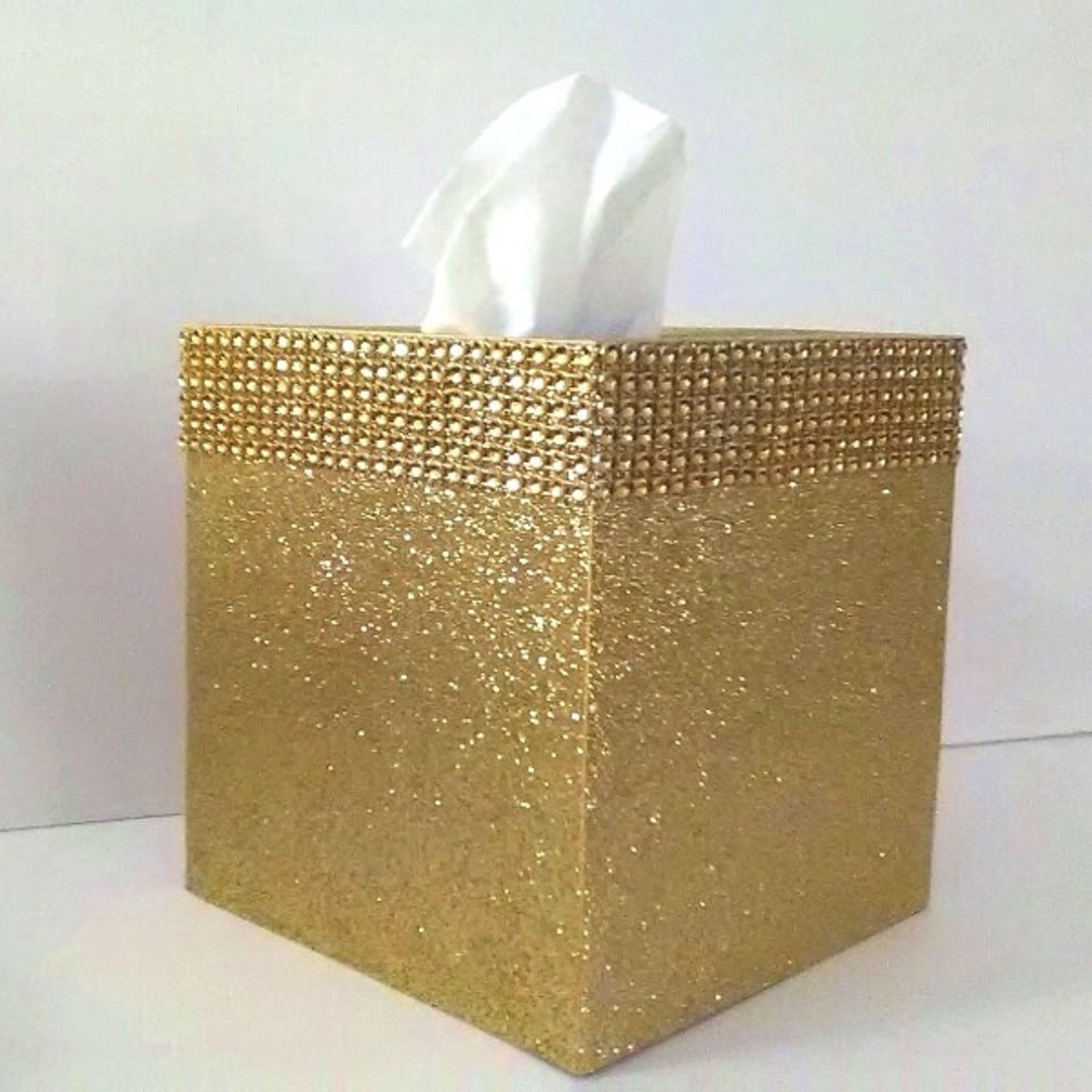 Gold Glitter & Diamond Wrap Tissue Box Cover-Fine Glitter w/Gold Diamond Wrap Bling, Square Tissue Holder