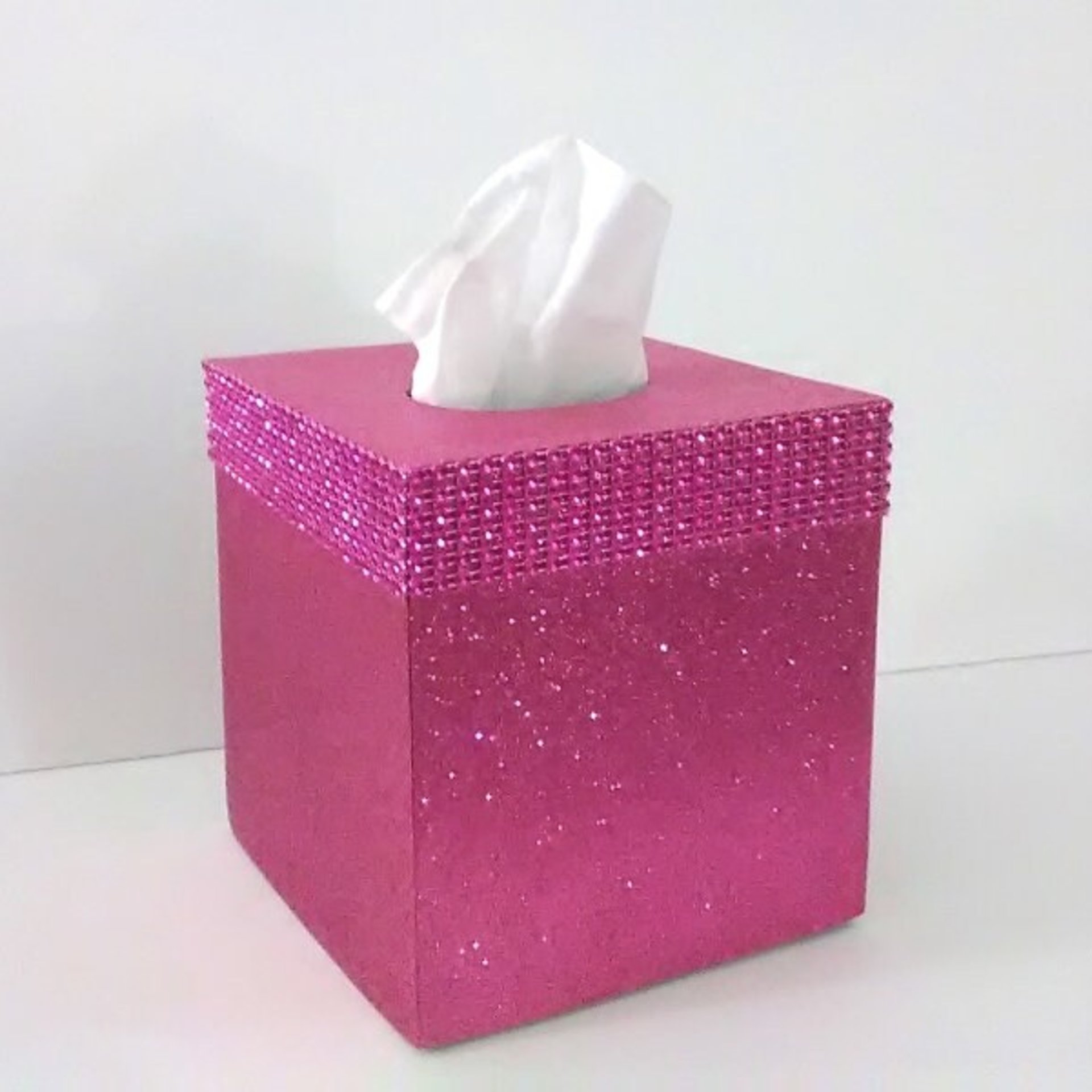 Pink Glitter & Diamond Wrap Square Tissue Box Cover-Sparkling Fine Glitter-w/Pink Diamond Wrap Rhinestone Bling