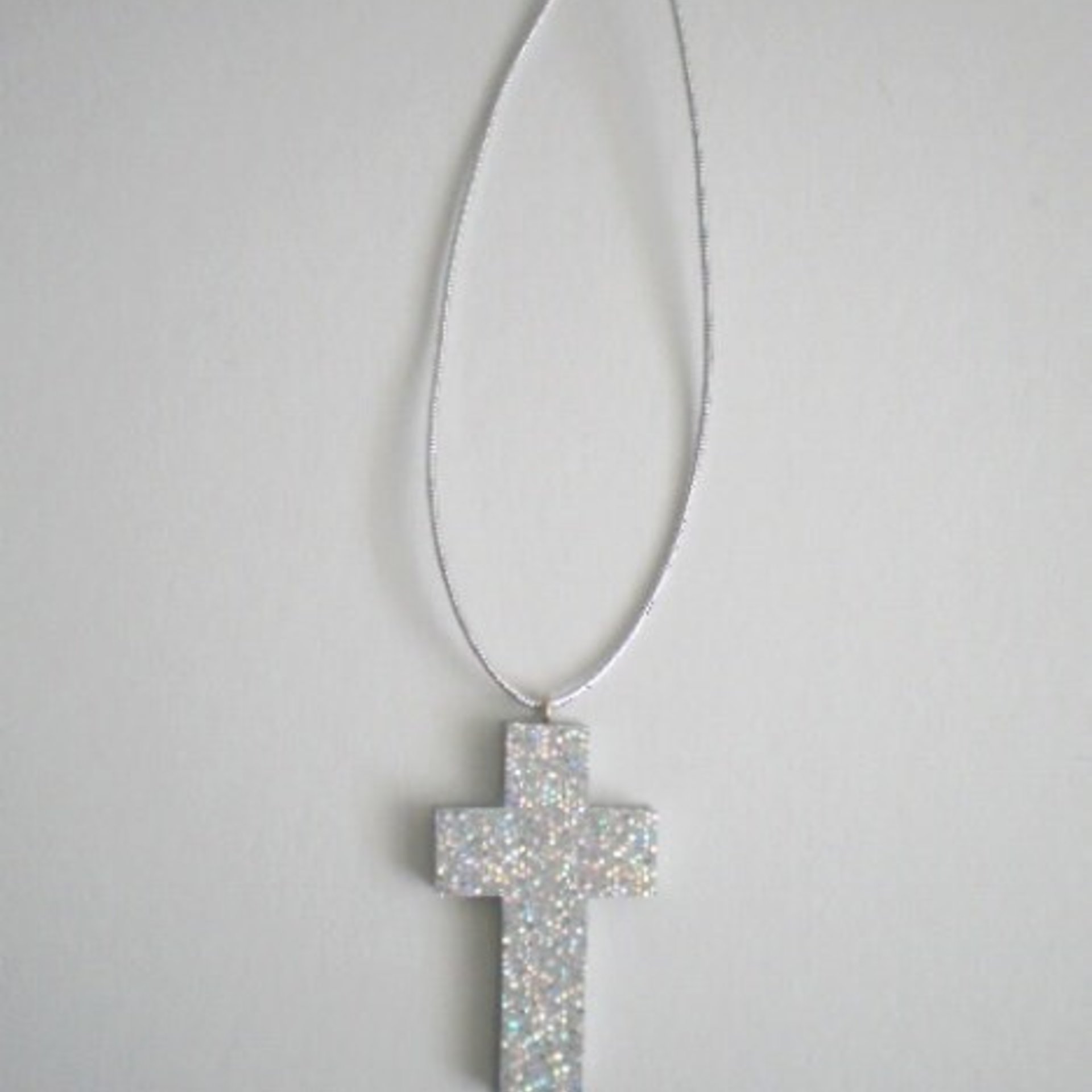 Glitter Car Cross For Rearview Mirror - Super Sparkling Silver Octagon/Prisma Glitter w/ Metallic Silver Cord