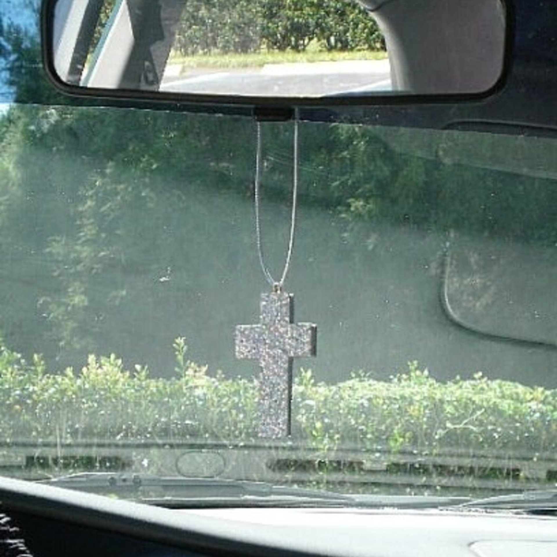 Glitter Car Cross For Rearview Mirror - Super Sparkling Silver Octagon/Prisma Glitter w/ Metallic Silver Cord