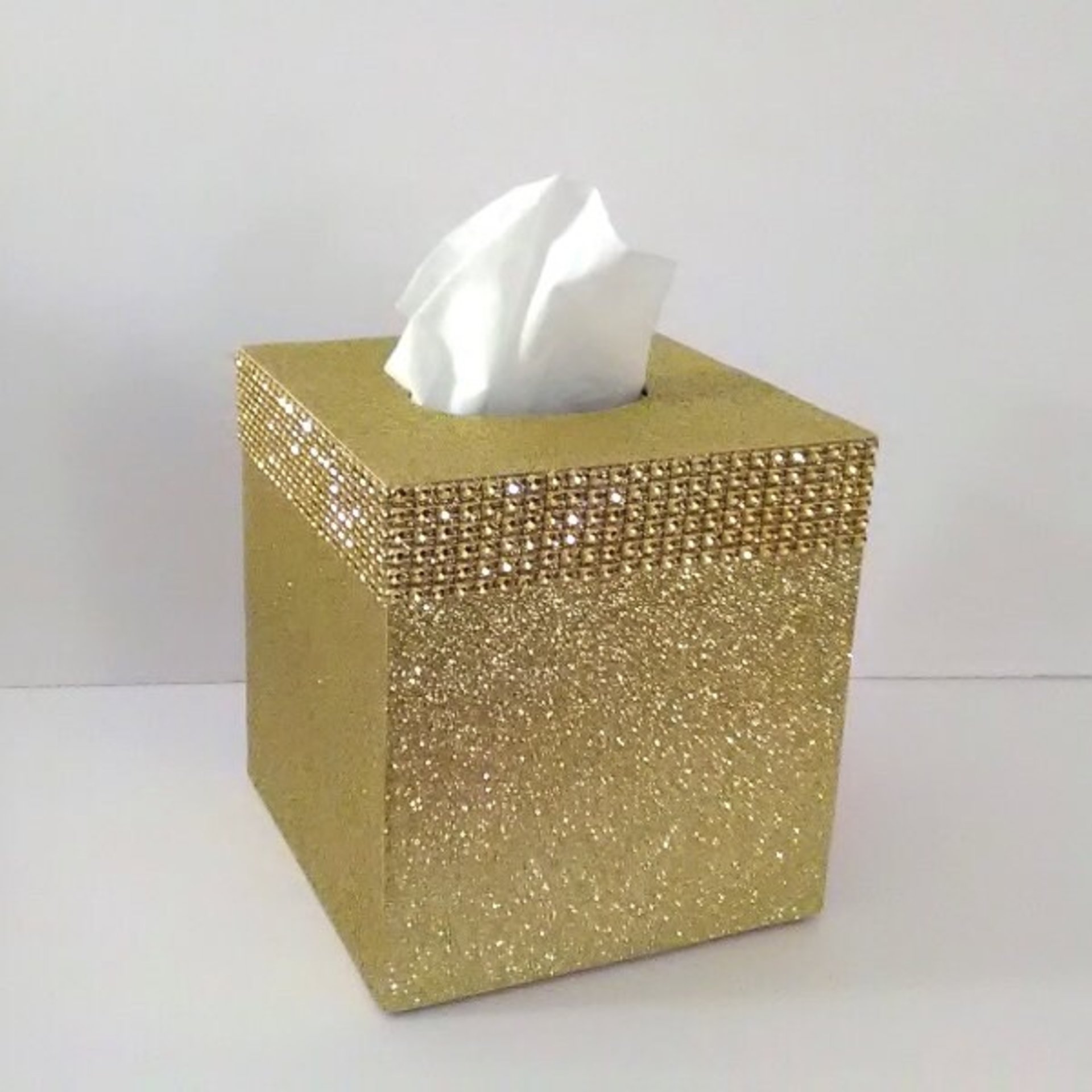 Gold Glitter & Diamond Wrap Tissue Box Cover-Fine Glitter w/Gold Diamond Wrap Bling, Square Tissue Holder