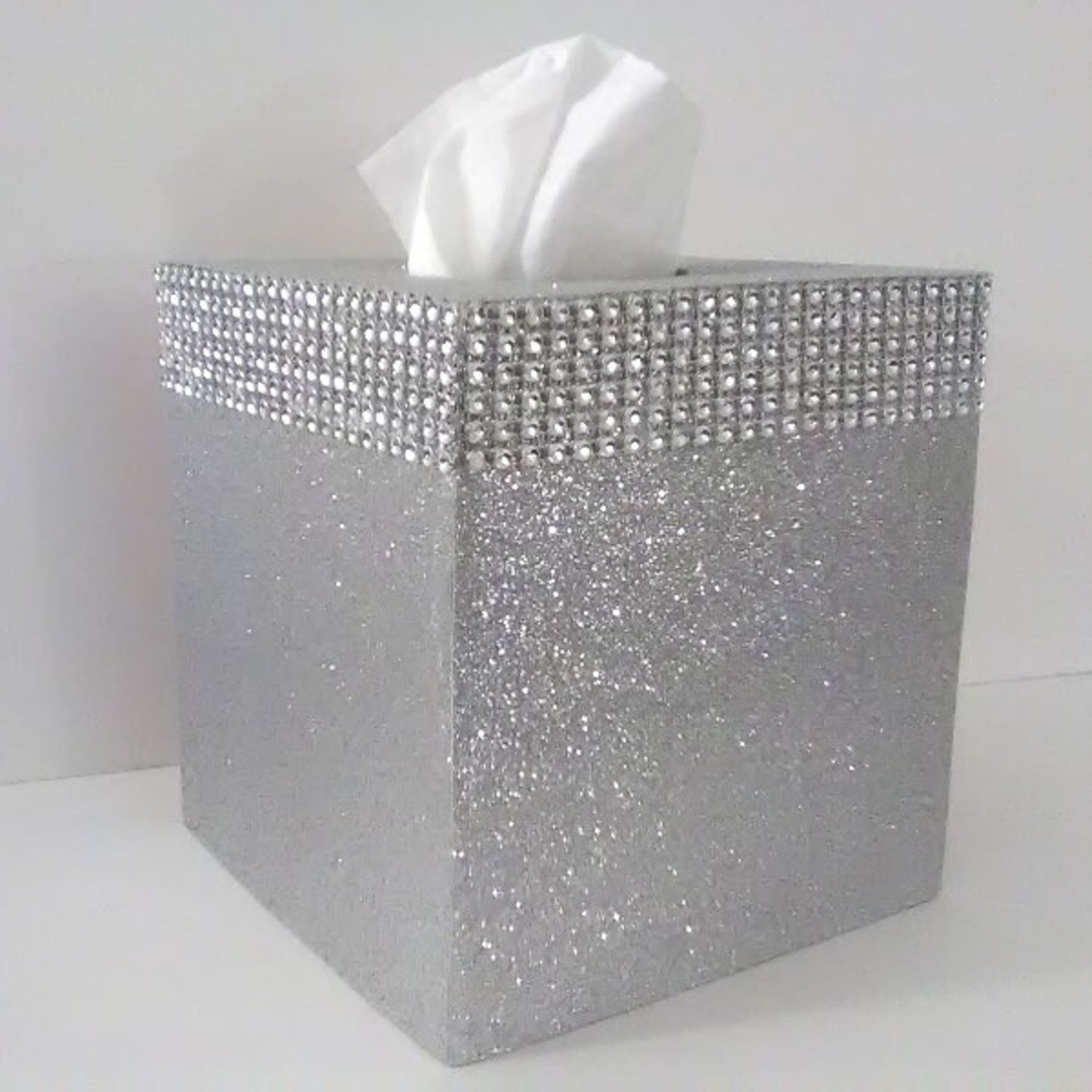 Silver Glitter & Diamond Wrap Tissue Box Cover-Fine Glitter-w/Silver Diamond Wrap Bling