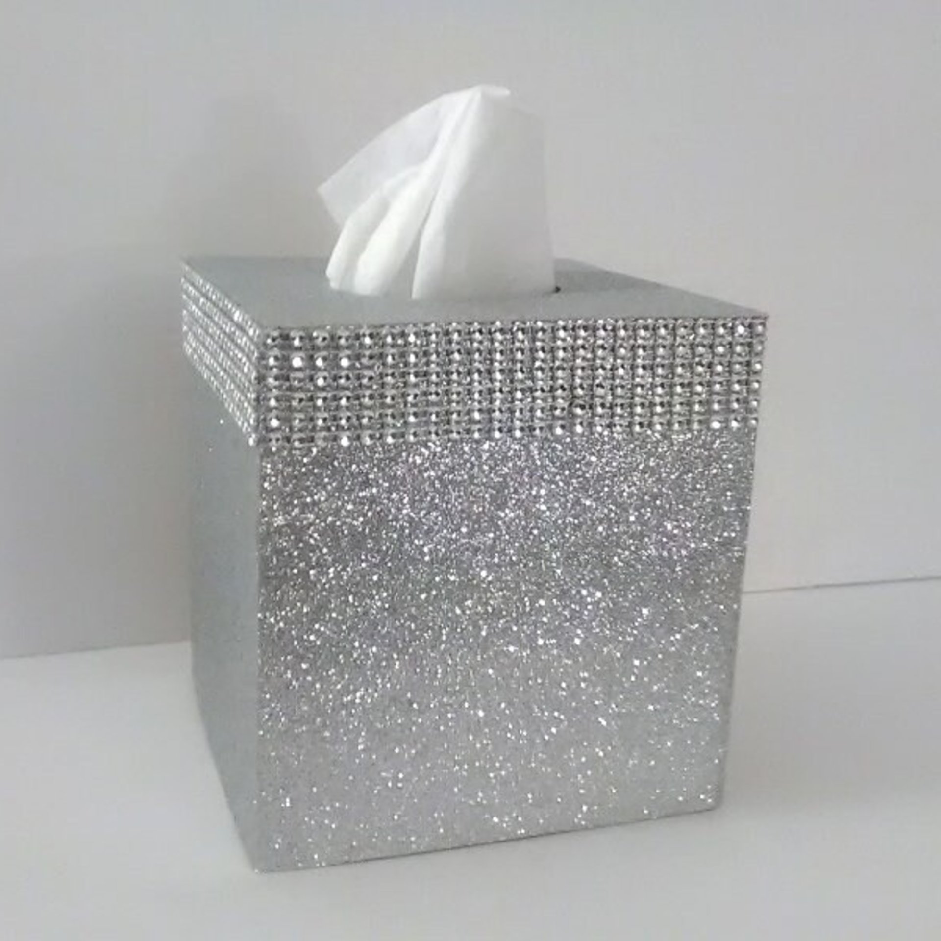 Silver Glitter & Diamond Wrap Tissue Box Cover-Fine Glitter-w/Silver Diamond Wrap Bling