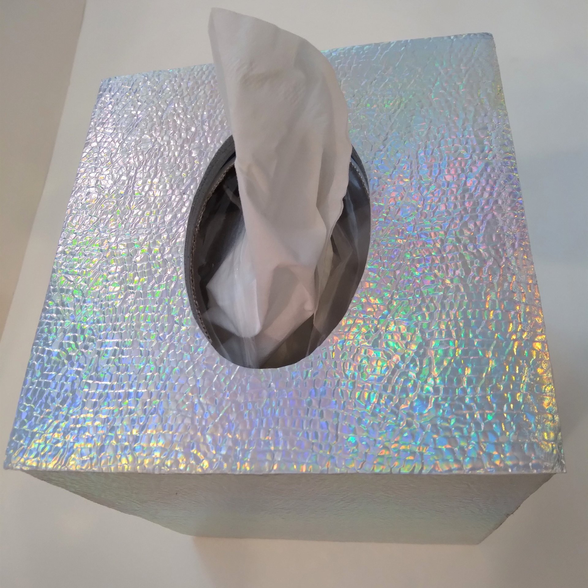 Iridescent Tissue Box Cover-Textured Silver Vinyl Tissue Holder - Bathroom Accessories, Office, Wedding, Home Decor