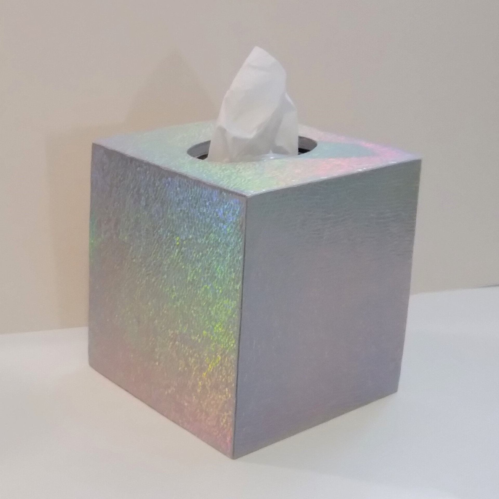 Iridescent Tissue Box Cover-Textured Silver Vinyl Tissue Holder - Bathroom Accessories, Office, Wedding, Home Decor