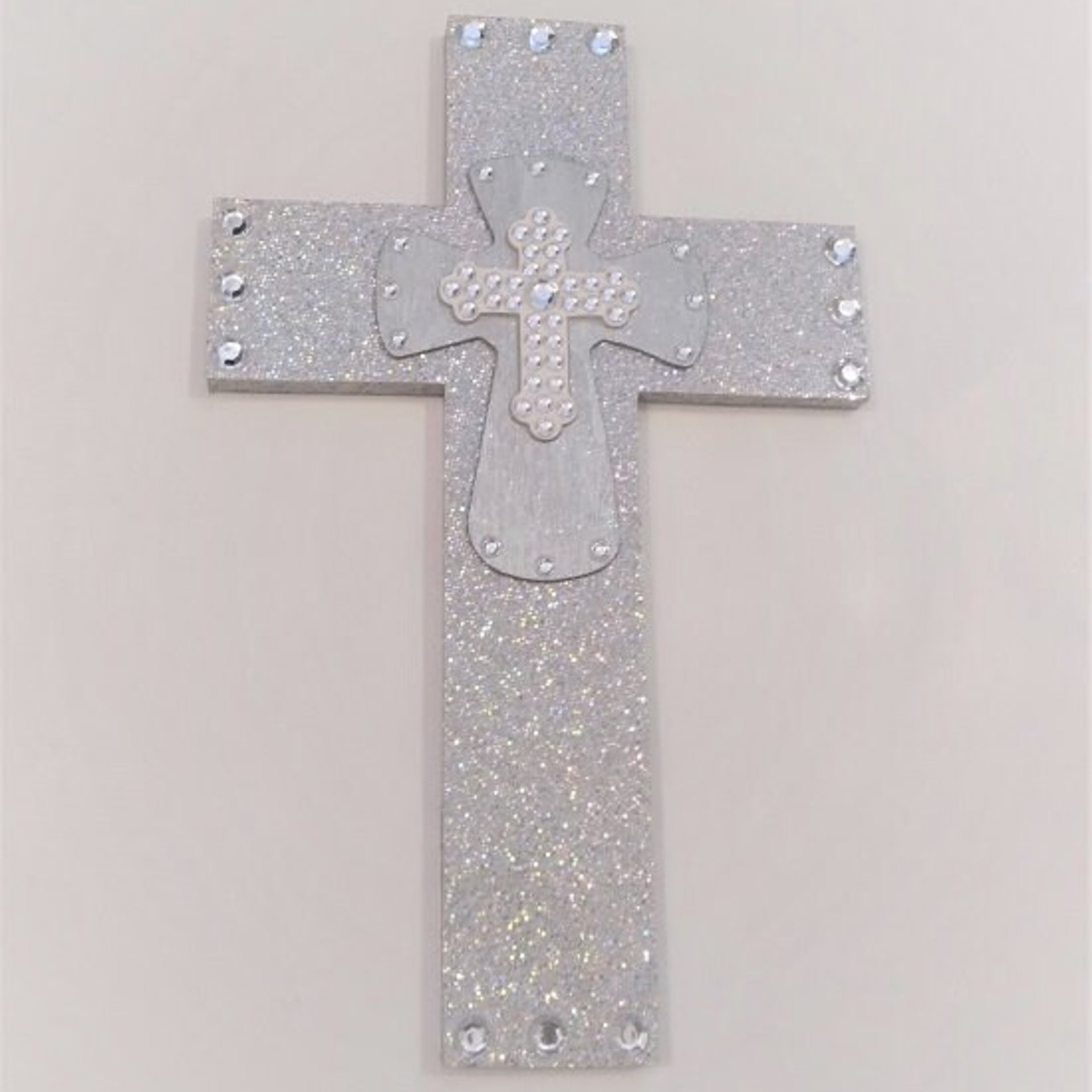 Silver Glitter & Bling Wall Cross - Sparkling Silver Prisma Glitter w/Silver and White Clear Rhinestone Center Crosses - 14" x 9"