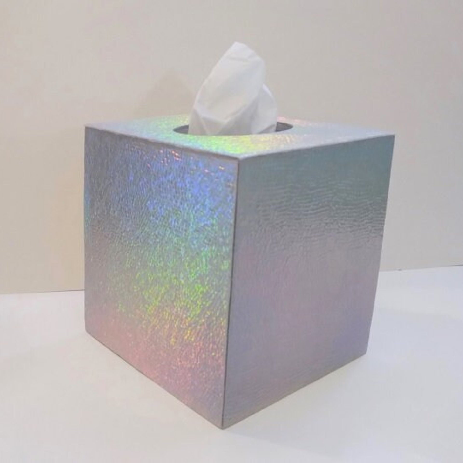 Iridescent Tissue Box Cover-Textured Silver Vinyl Tissue Holder - Bathroom Accessories, Office, Wedding, Home Decor