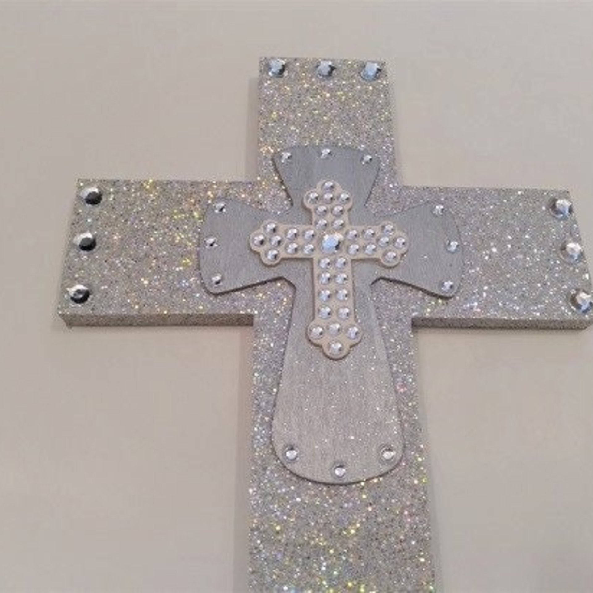 Silver Glitter & Bling Wall Cross - Sparkling Silver Prisma Glitter w/Silver and White Clear Rhinestone Center Crosses - 14" x 9"