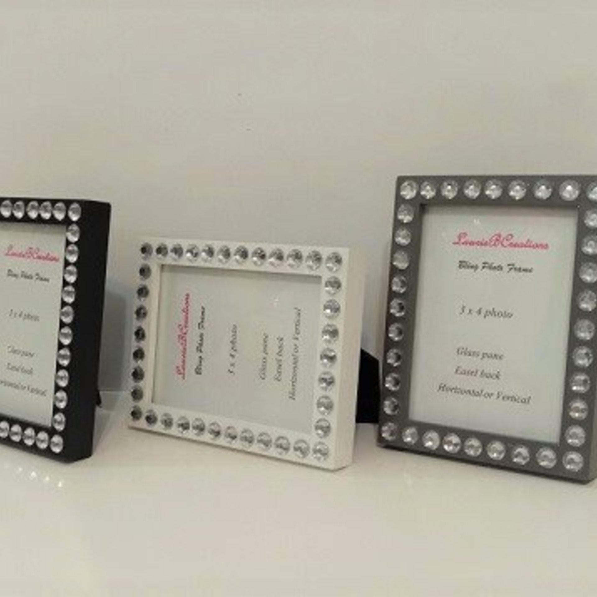 Bling Picture Frame - Black, White or Gray Mini Desktop Frame w/Clear Rhinestones - for 3" x 4" photos or info