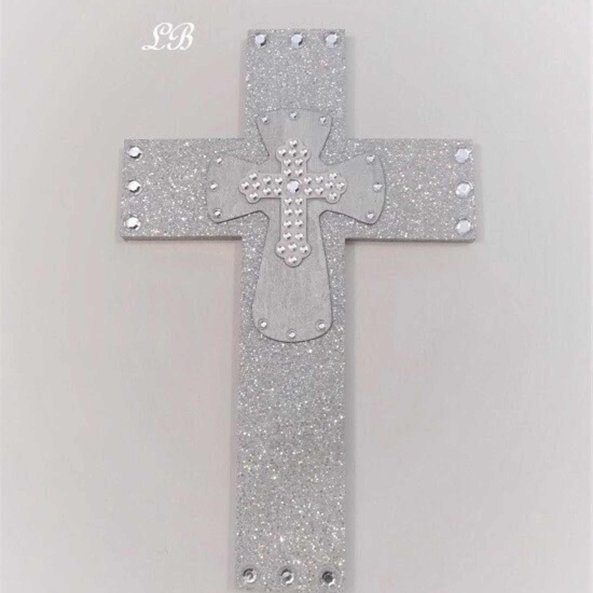 Silver Glitter & Bling Wall Cross - Sparkling Silver Prisma Glitter w/Silver and White Clear Rhinestone Center Crosses - 14" x 9"