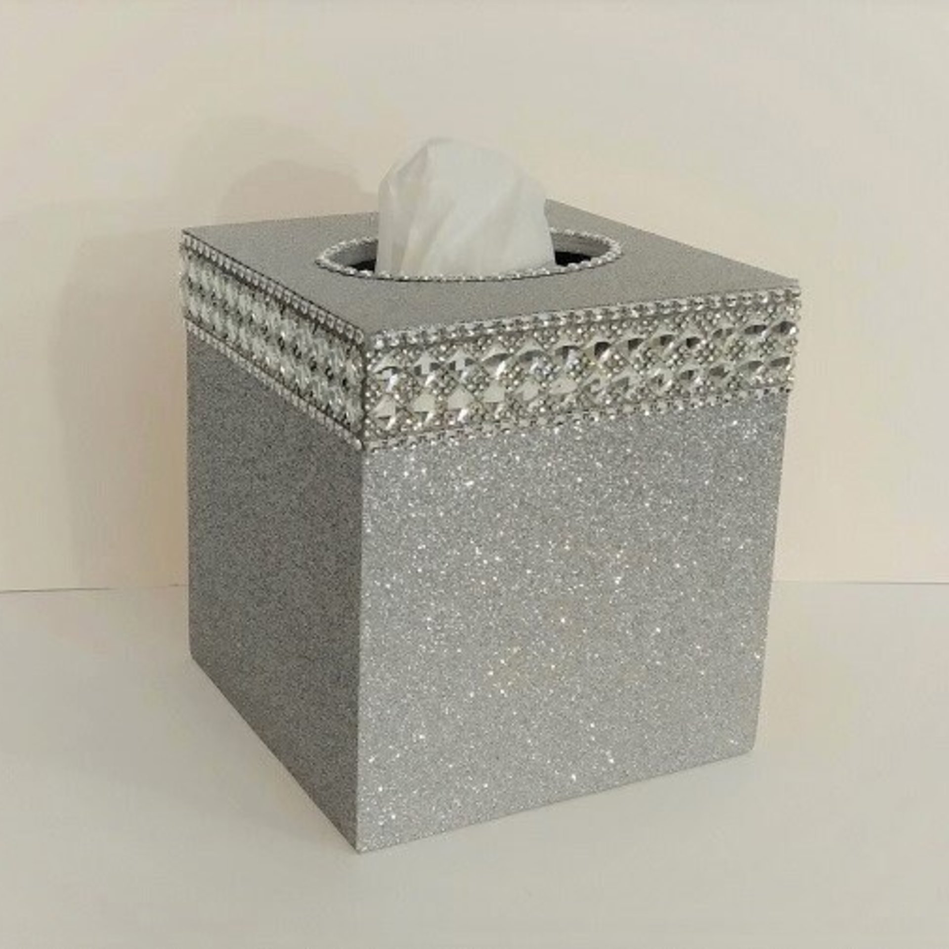 Glitter & Bling Tissue Box Cover-Fine Glitter w/Crystal Glass Rhinestone Trim and Diamond Wrap Bling- Home, Bath, Wedding, Christmas, Gift