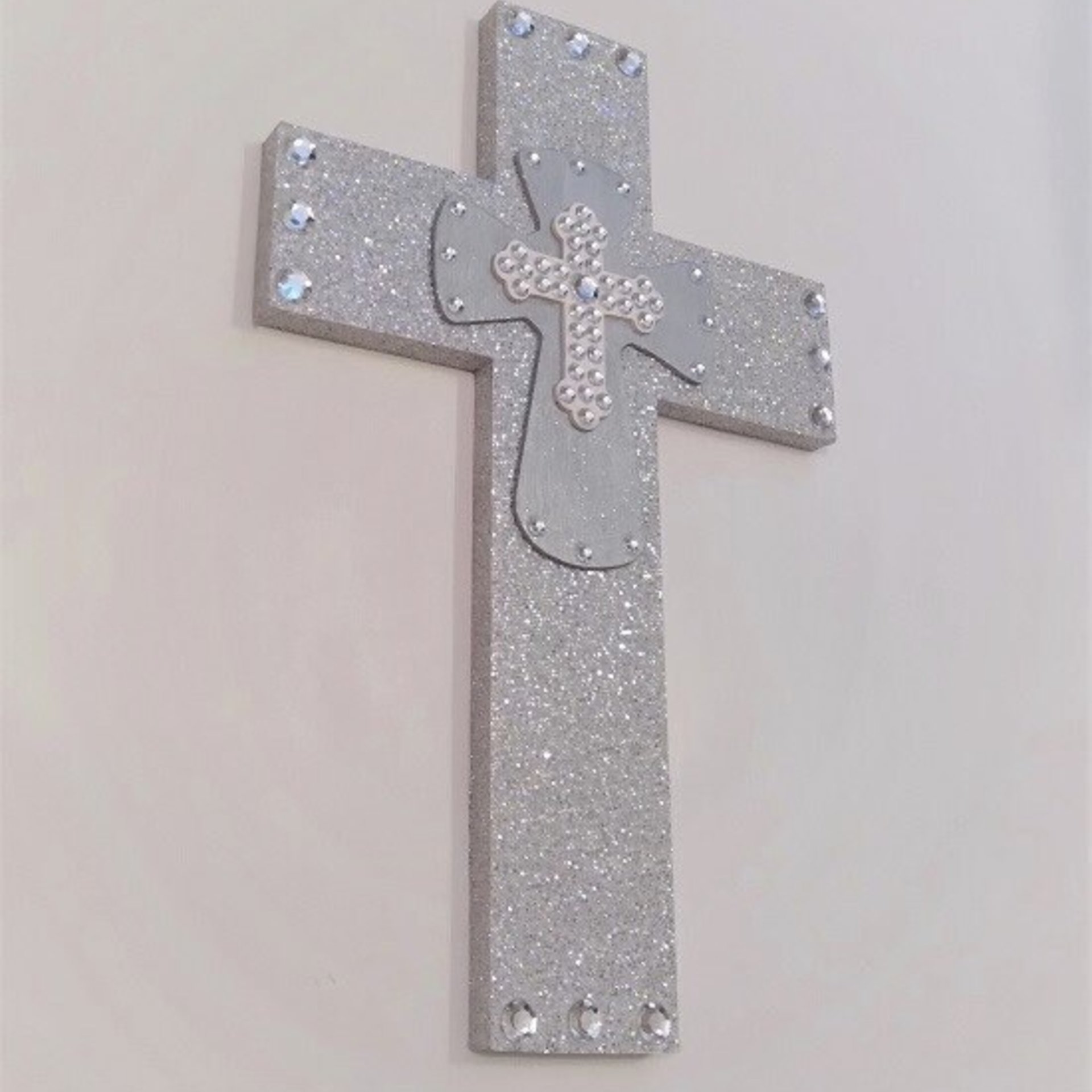 Silver Glitter & Bling Wall Cross - Sparkling Silver Prisma Glitter w/Silver and White Clear Rhinestone Center Crosses - 14" x 9"